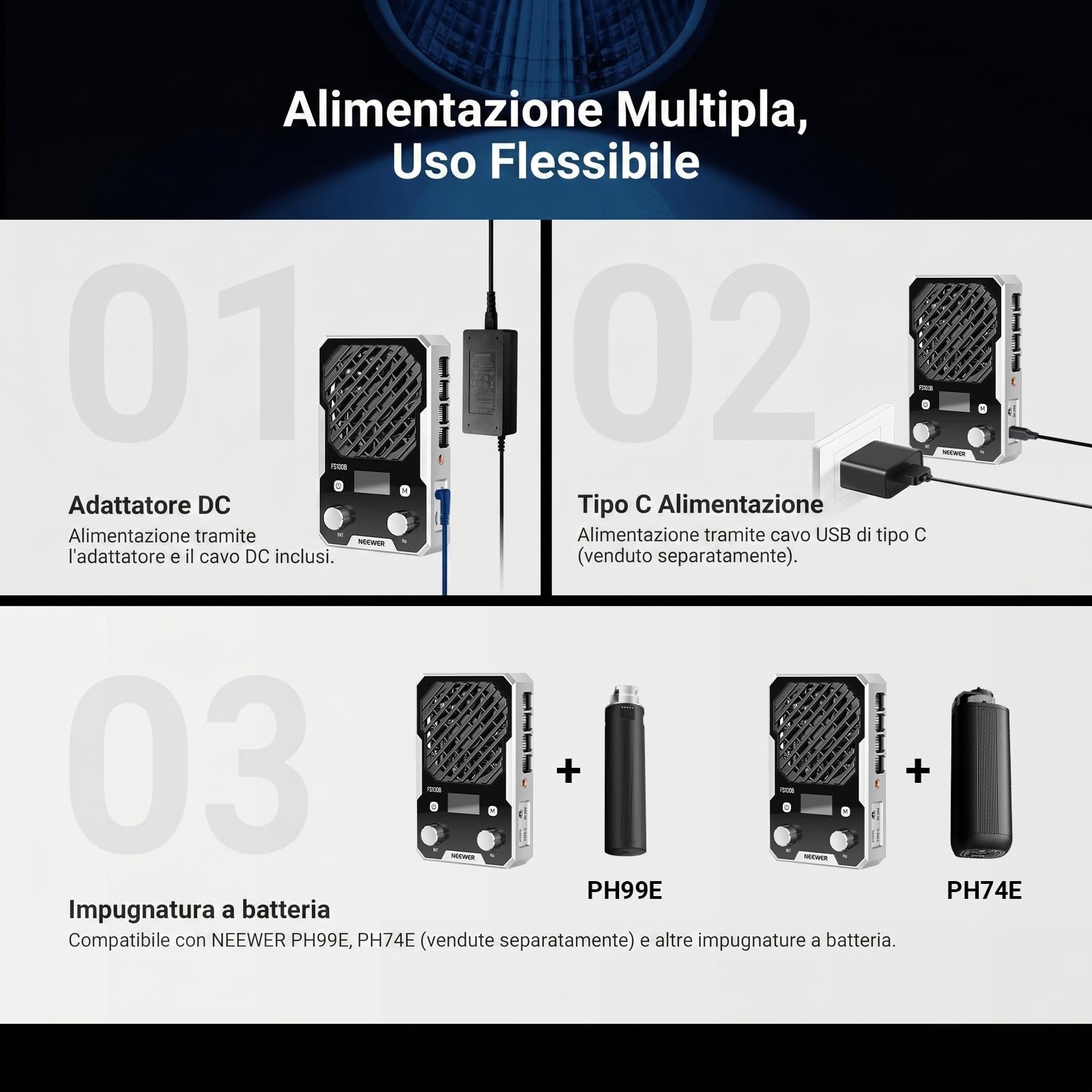 NEEWER Luce Video LED Ultra Compatta da 100W con Controllo APP/Pannello, Lampada COB Bicolore Tascabile a Uscita Continua con 4 Curve di Oscuramento/2700K-6500K/CRI96+ per Foto Video in Studio, FS100B