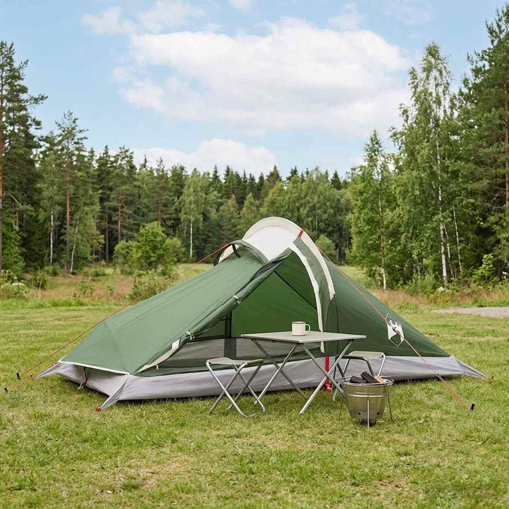 Grünes 4 Personen Trekkingzelt aus 185T Polyester mit PU Beschichtung, wasserdicht und UV beständig, Kuppelzelt für Camping, Wanderung, Rucksack, Festival, leichtes Packmaß für Outdoor