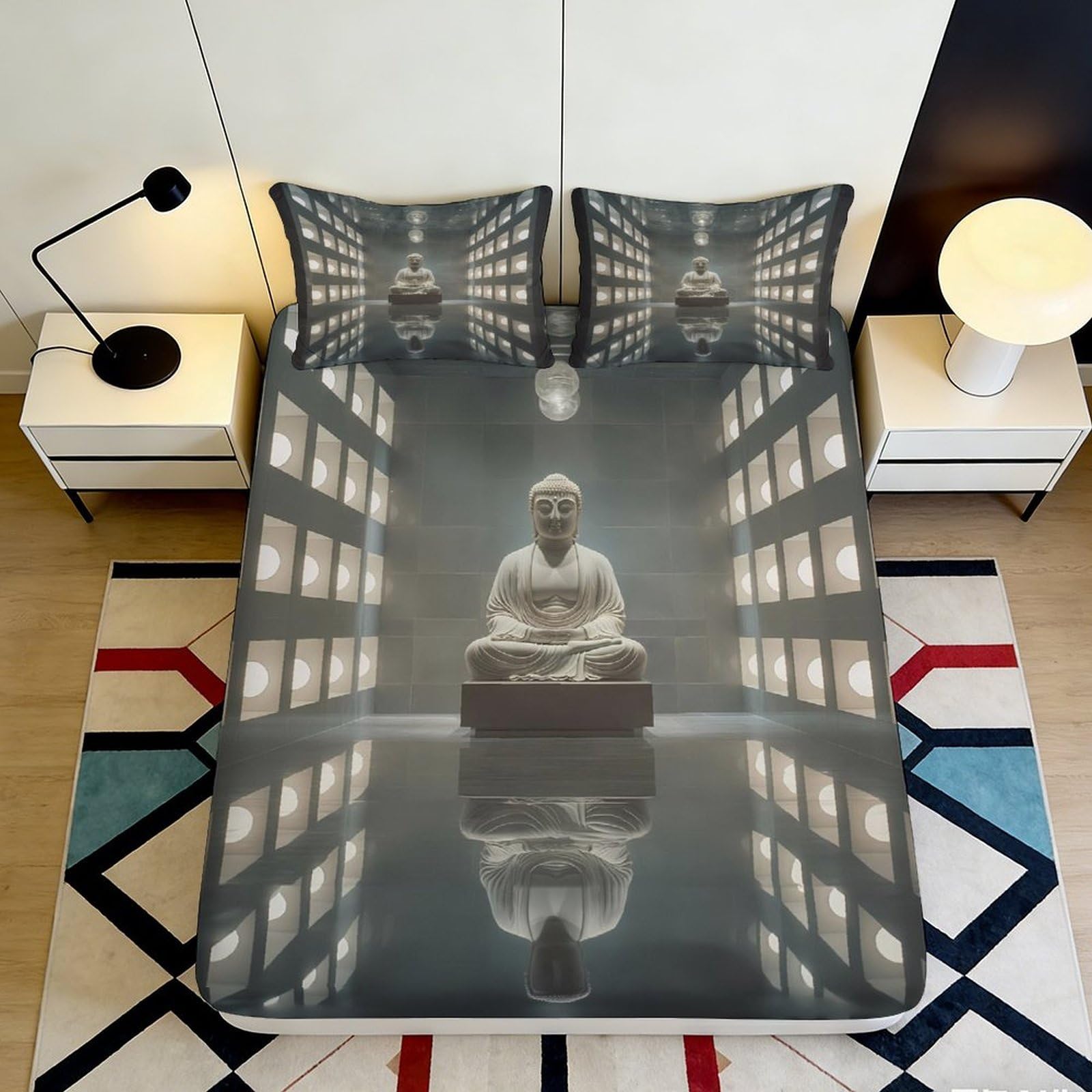 3D Printed Buddha Statue Fitted Sheet Microfiber Modern Zen Meditation Hall Mattress Cover for Bedroom Decor 90x200x25cm