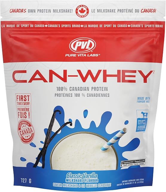 PVL CAN‑WHEY Milkshake Poudre de protéines 100% Lait canadien réel, faible teneur en sucre, 20 g Protéines certifiées par la vache bleue – Vanille classique, 727 g (1.6 lb)