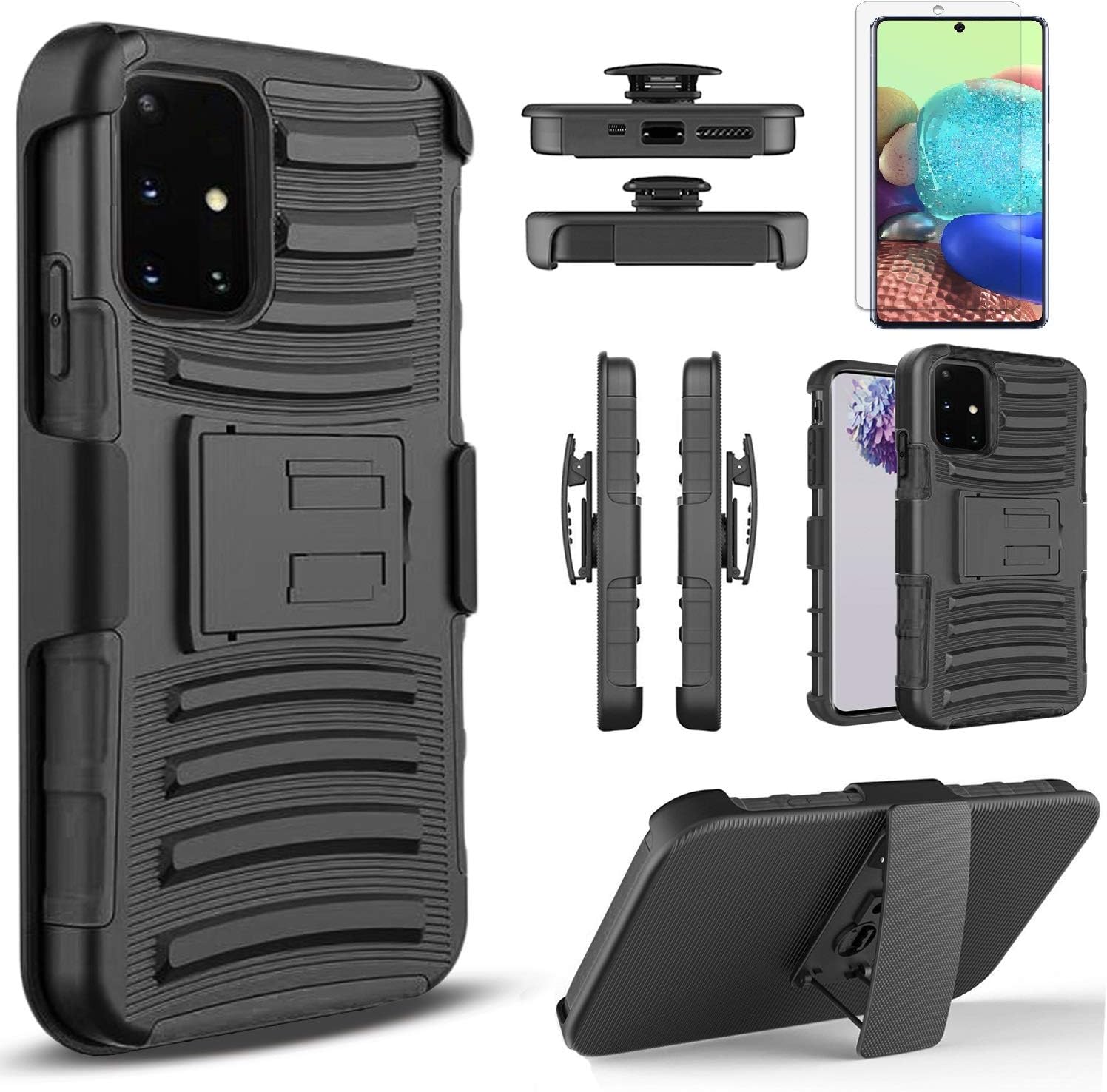Samsung A51 Case, Circlemalls - Samsung Galaxy A51 Case, [NOT FIT A51/A51 5G/A51 UW] with [Tempered Glass Screen Protector Included], Armor Heavy Duty Kickstand Cover with Belt Clip Holster - Black