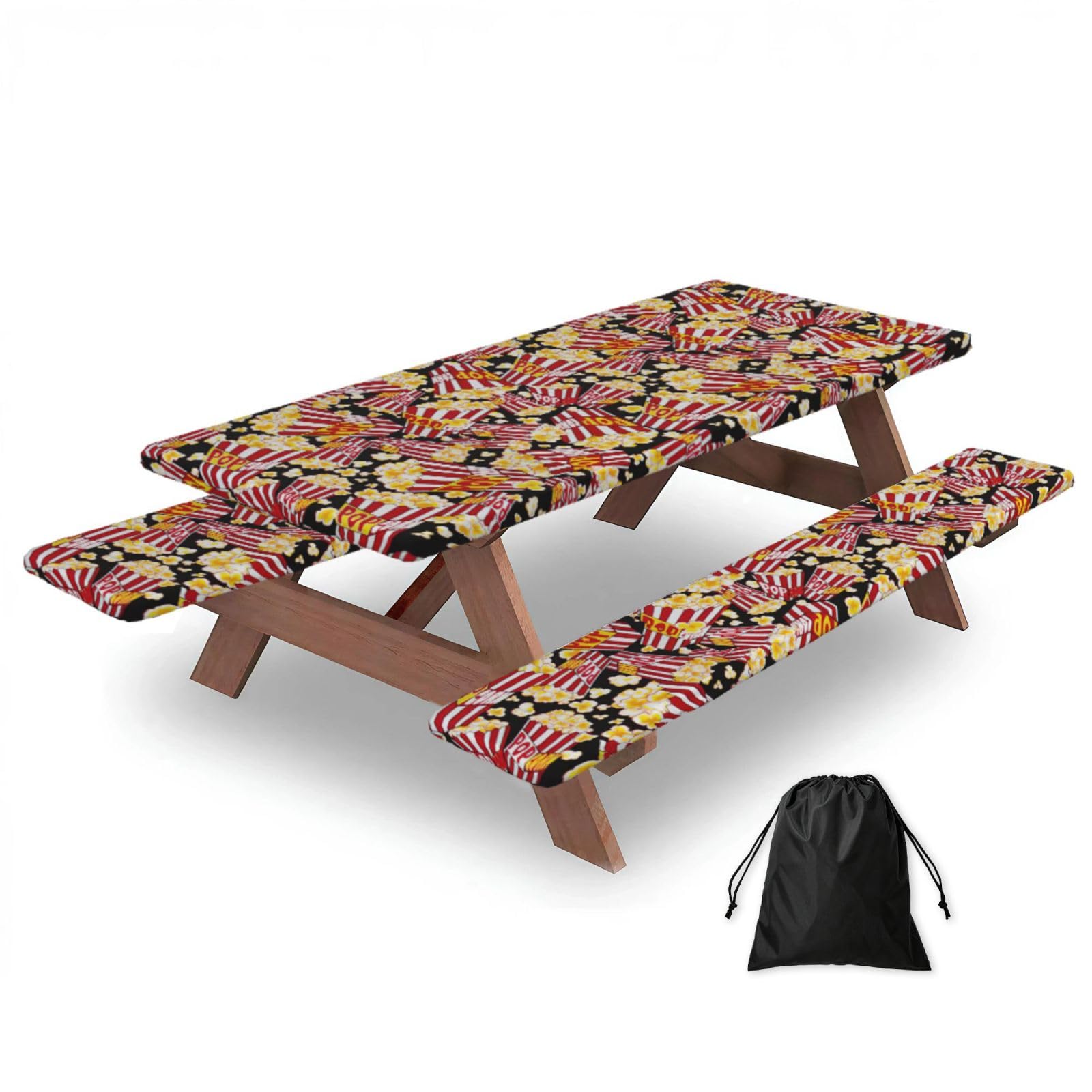 Yqxwjl Black Popcorn Print Print Camping Essentials Waterproof Camping Table And Bench Cover With Drawstring Bag 183 Cm