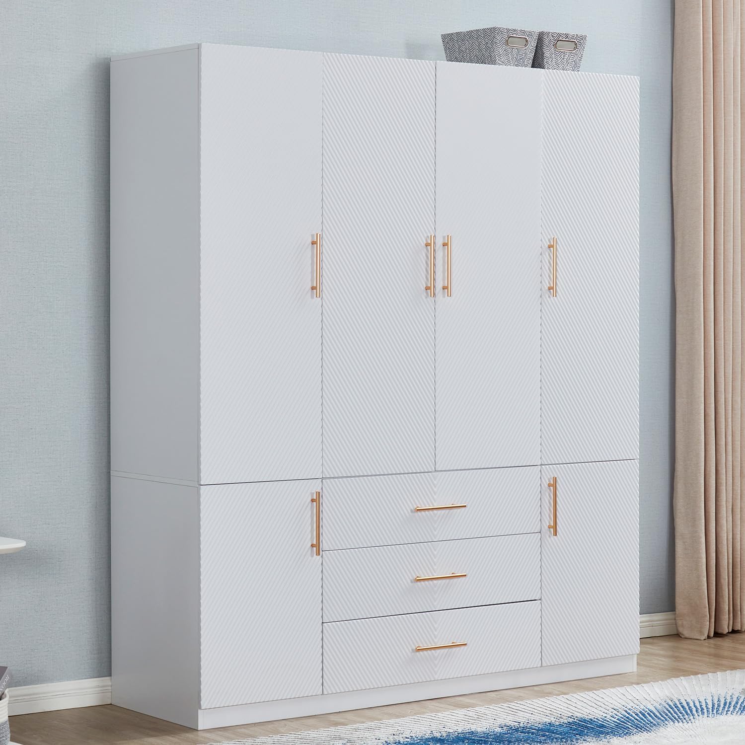 GraceGrove Armoire Wardrobe Closet with 3 Drawers and 4 Door Armoire Cabinet Closet Wood High Storage Capacity and Hanging Rail for Bedroom White