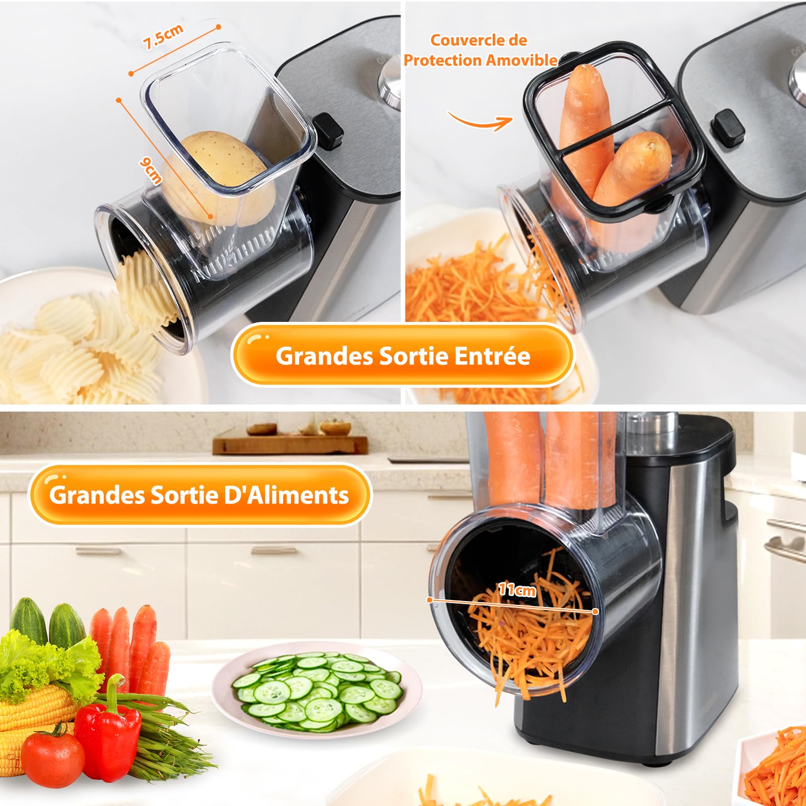 Anatole Coupe Légumes Électrique Rape à Fromage Acier Inox 6 Lames 250W Rapeuse Carottes Professionnel Grand Calibre Trancheuse de Légumes Multifonctions 220V Fiche UE