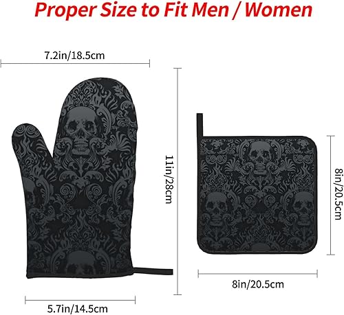 Miniatura 3 de NELife Juego de 4 guantes de horno y agarraderas de damasco con calavera negra gótica victoriana, almohadillas calientes resistentes con guantes de
