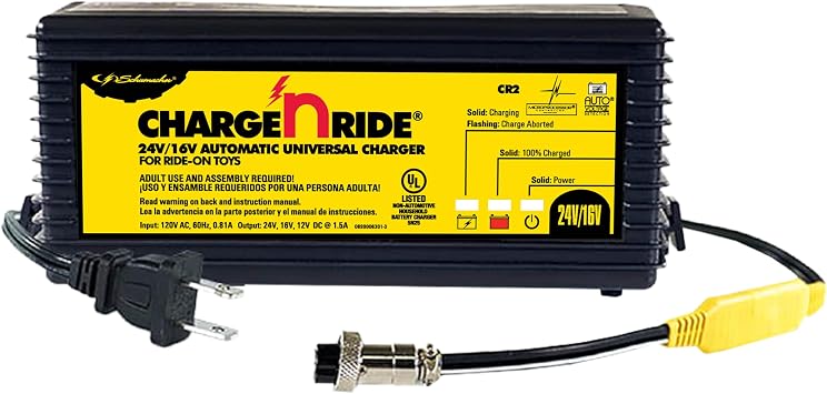 شاحن وصيانة بطارية Schumacher Electric Charge n Ride Universal للألعاب التي يمكن الركوب عليها، CR2، 2 في 1، أوتوماتيكي بالكامل، 1.5 أمبير، 16 فولت، 24 فولت، يتضمن موصل XLR من مجموعة Komex