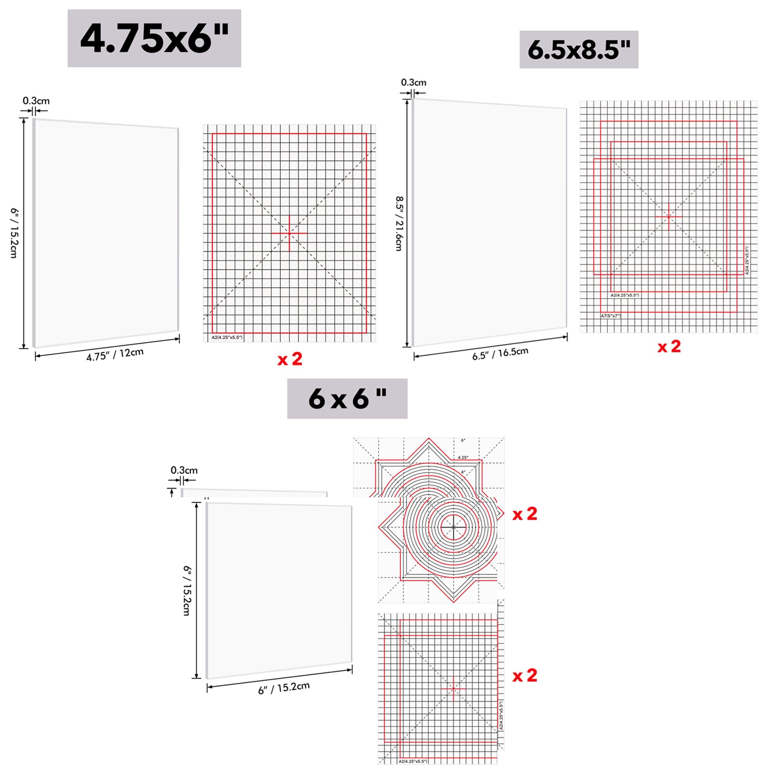 11 Stück/Set 12,1 x 15,2 cm/15,2 x 15,2 cm/16,5 x 21,6 cm Mehrzweck-Anti-Rutsch-Matten passen in Stempelpositionierungswerkzeug-Set, PhotopolymerGrip-Matte mit gedruckten Führungen in