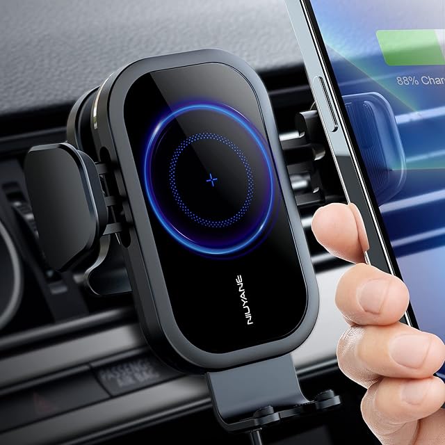 7 LED Colors Version 15W Fast Wireless Car Charger,NIUYANE Electromagnetic Sense Qi Auto-Clamping Car Phone Holder Vent Mount Charger for Samsung S21/S20/S10/S9,iPhone 14 13/12 /11 Pro XS/XR Etc