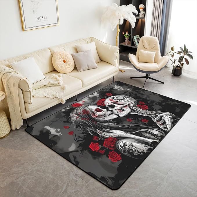 Erosebridal Gothic Skull Couple Area Rug 3x5 Red Rose Skeleton Bones Living Room Rug Non Slip Sugar Skull Carpet for Bedroom Kitchen Goth Halloween Indoor Floor Mat Non Slip