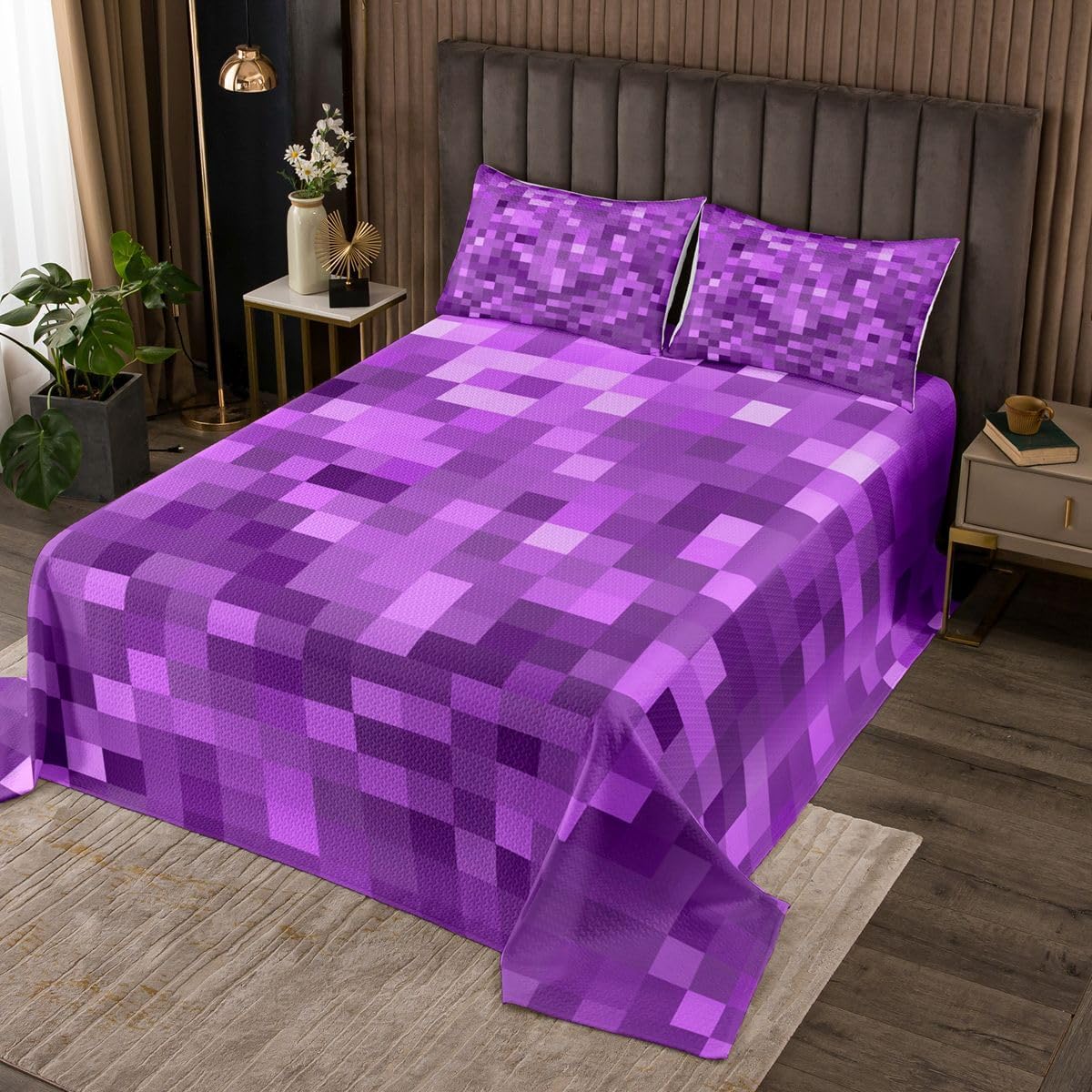 Manfei Pixelated Miners Game Kids Bedspread Twin Size,Videogame Gamepad Gaming Coverlet Set,Girls Boys Room Decor,Modern Geometric Square Quilted Coverlet,Purple Bedding Quilt,1 Pillowcase
