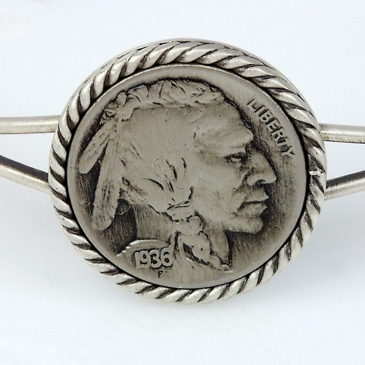 Buffalo Nickel Coin Cuff Bracelet | Silvertone Brass Finish Pewter Bezel | Adjustable Size | Genuine Coin Over 80 Years Old | Certificate of Authenticity