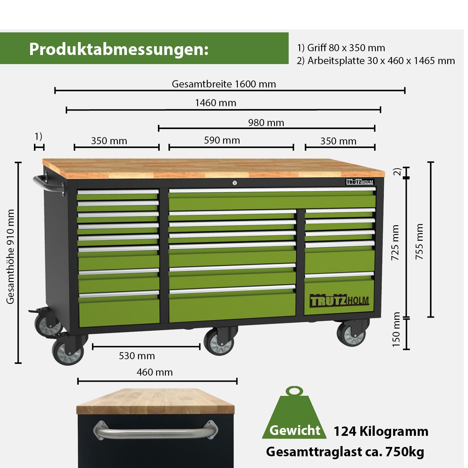 TRUTZHOLM Werkstattwagen Mobile Werkbank Deluxe XXL 20 Schubladen Werkzeugwagen Rollwagen 4 Schubladen 135 TLG. bestückt