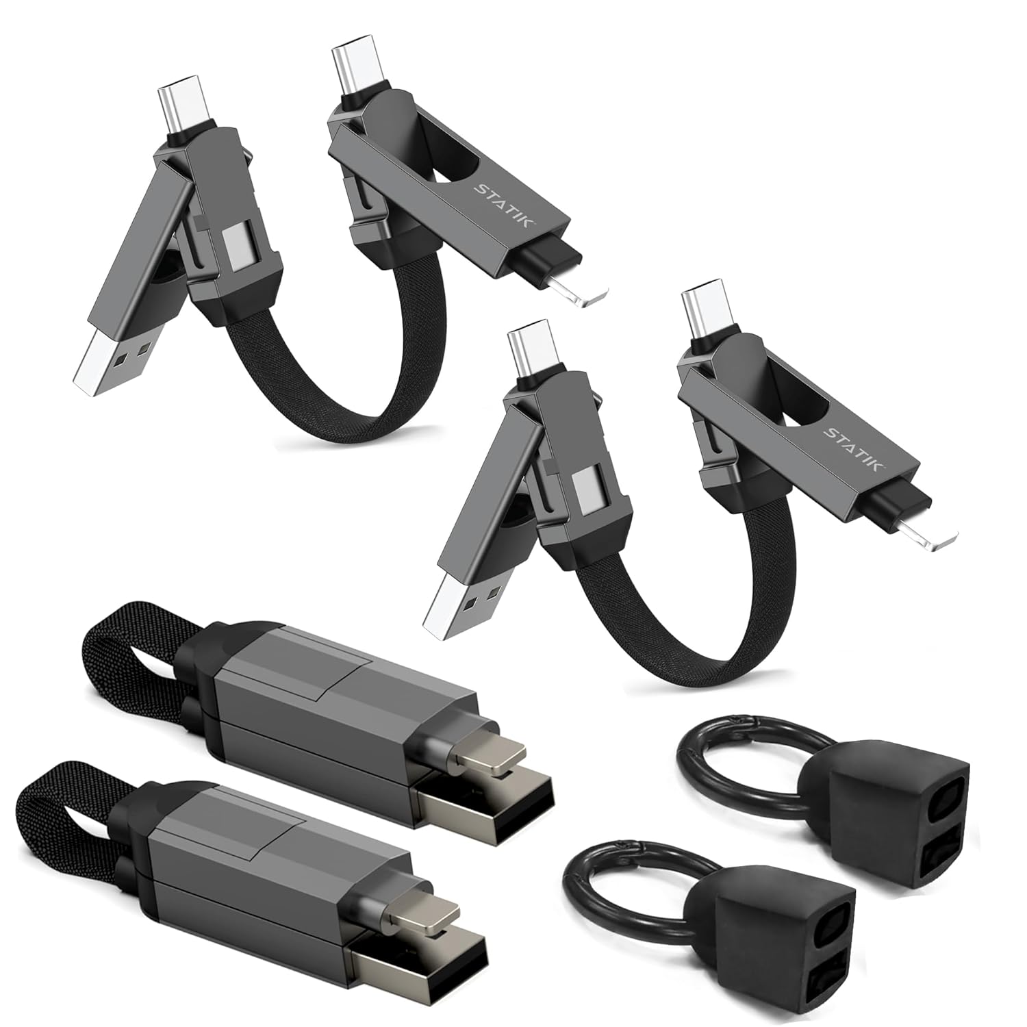 Statik HexCharge Keychain Charger Cable - Portable 4 in 1 Charging Cable Key Ring, 60W Fast Charging, Universal Multi Charging, Compatible with iPhone, USB C, and USB A - 2-Pack