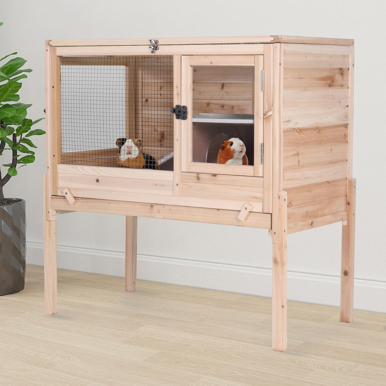 Aivituvin 2-Story Indoor Rabbit Hutch Guinea Pig Cage with Stand, Wooden Bunny Cage Small Animal Cages with Chew-Proof Ramp, Pull-Out Tray & Leakproof PVC Layer (Brown)