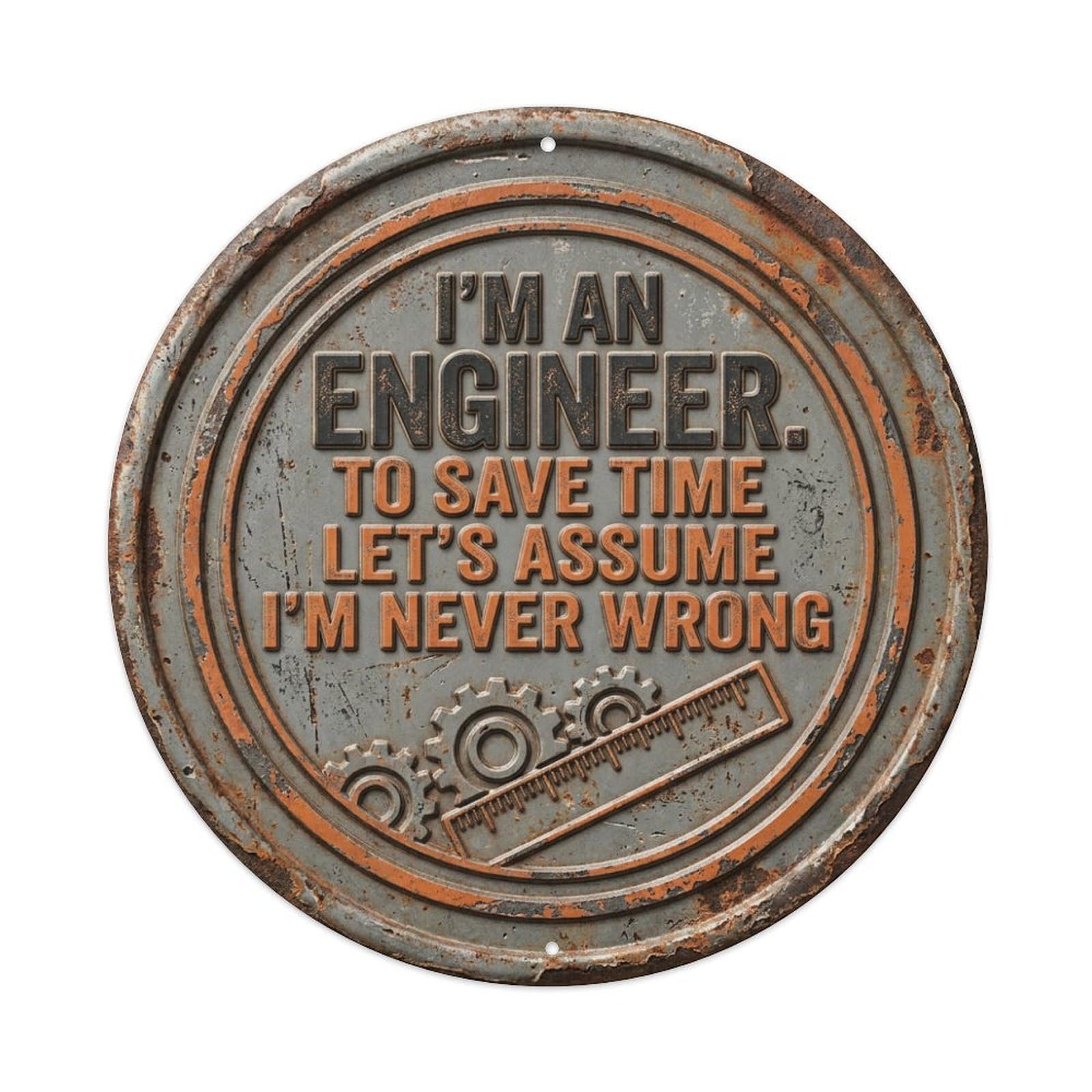 Engineer Assume Never Wrong Vintage Workshop Display Retro Slogans Vintage Metal Tin Sign Plaque Wall Decor for Cafe, Club, Garden Round Metal Poster 8x8Inch