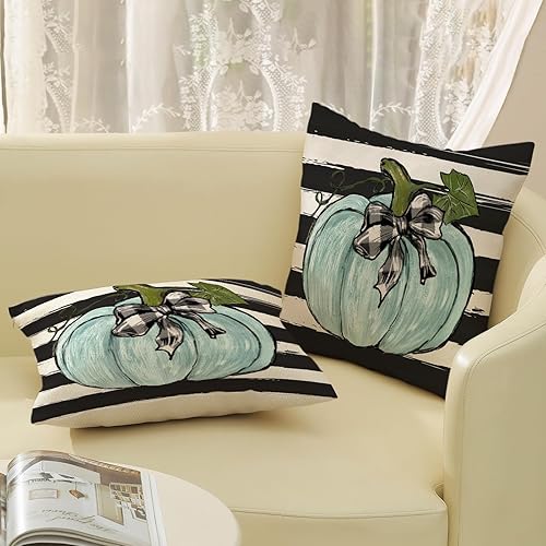Miniatura 40 de Juego de 2 fundas de almohada de otoño de 18 x 18 pulgadas, hojas de arce de calabaza y búfalo a cuadros, decoración de otoño, de lino, Acción