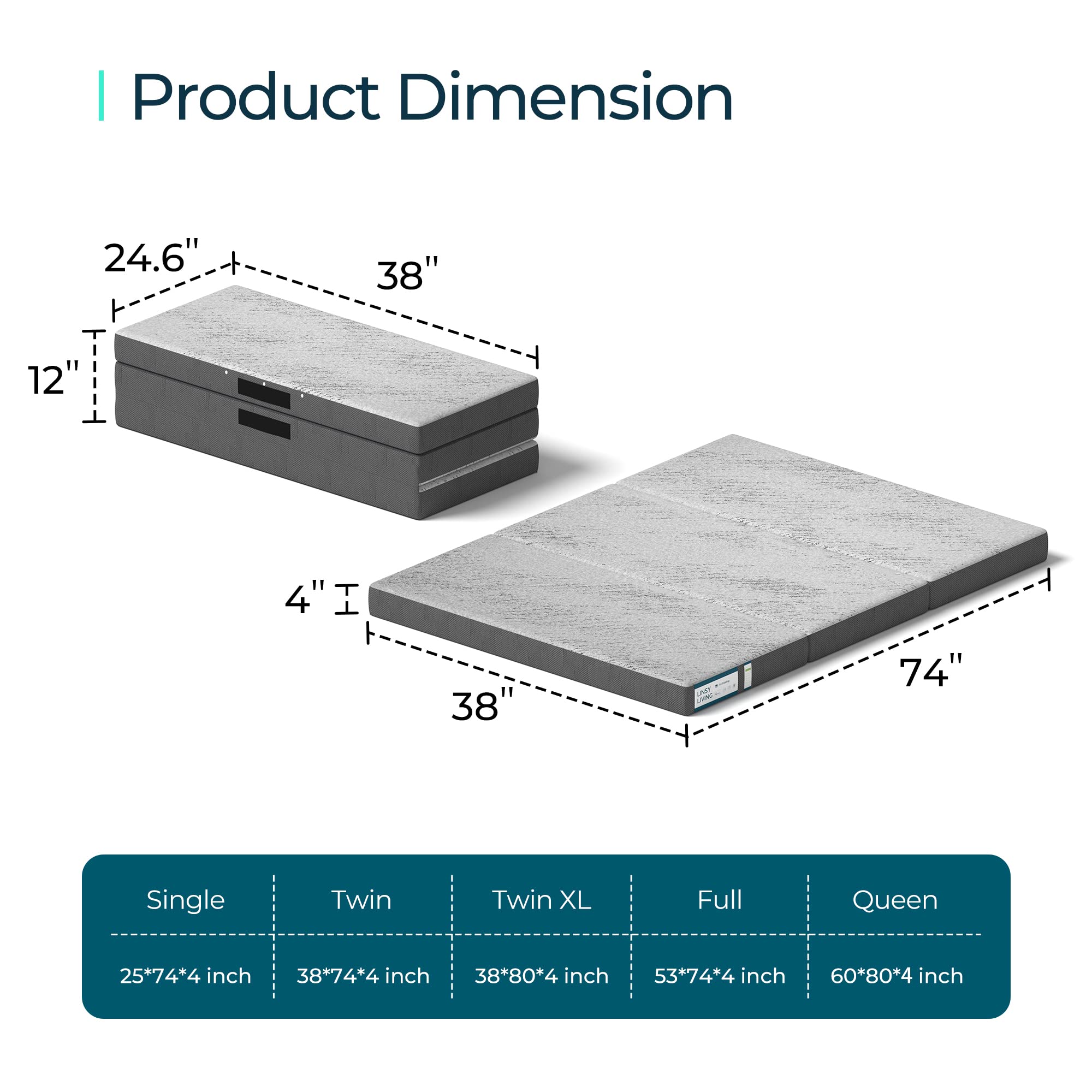 LINSY LIVING Folding Mattress, 4 Inch Trifold Mattress with Bamboo