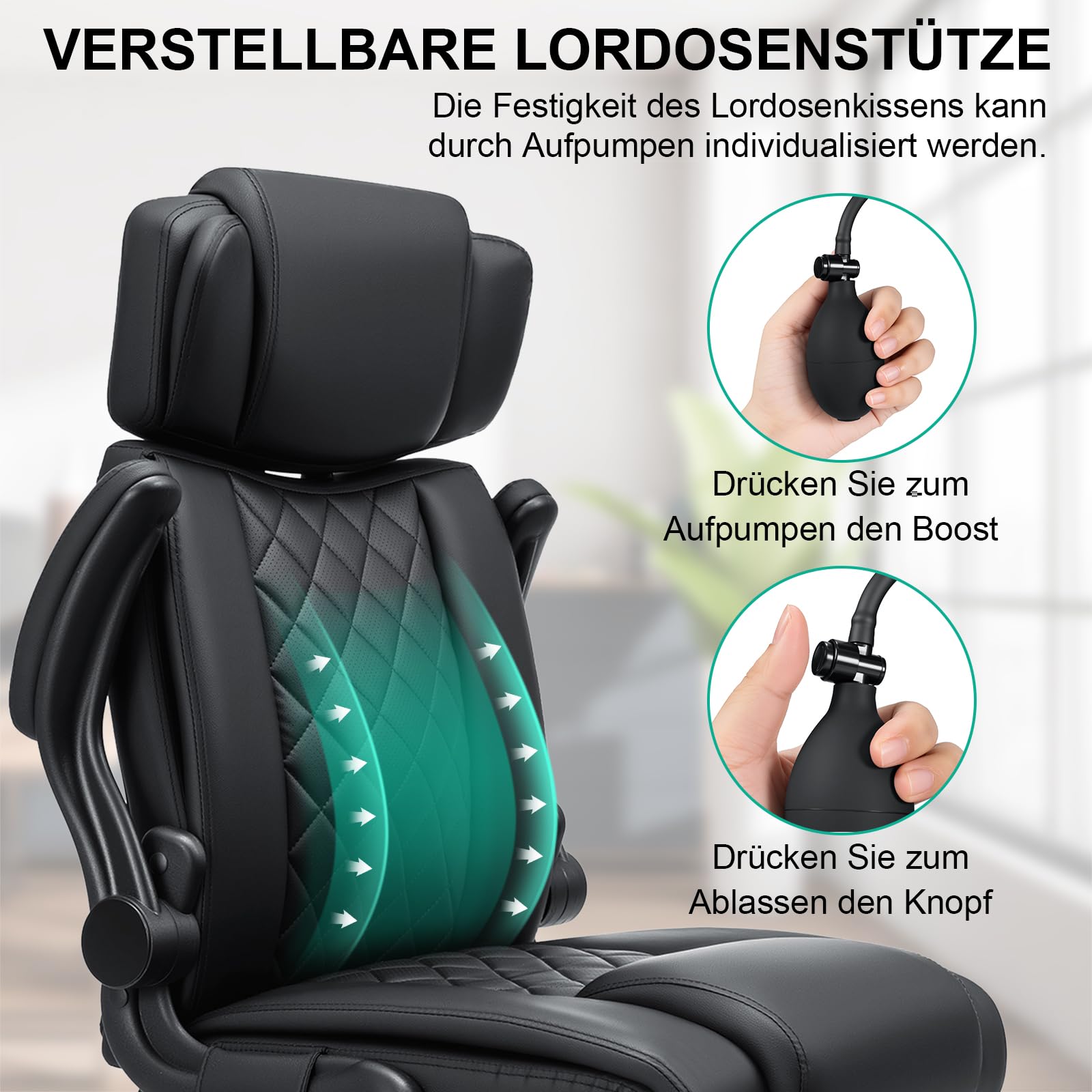 HOFFREE Bürostuhl Ergonomischer mit Lendenstütze PU-Leder Chefsessel 200kg mit Hochklappbare Armlehnen Hoher Rückenlehne Computerstuhl,Verstellbare Kopfstütze,Schwarz