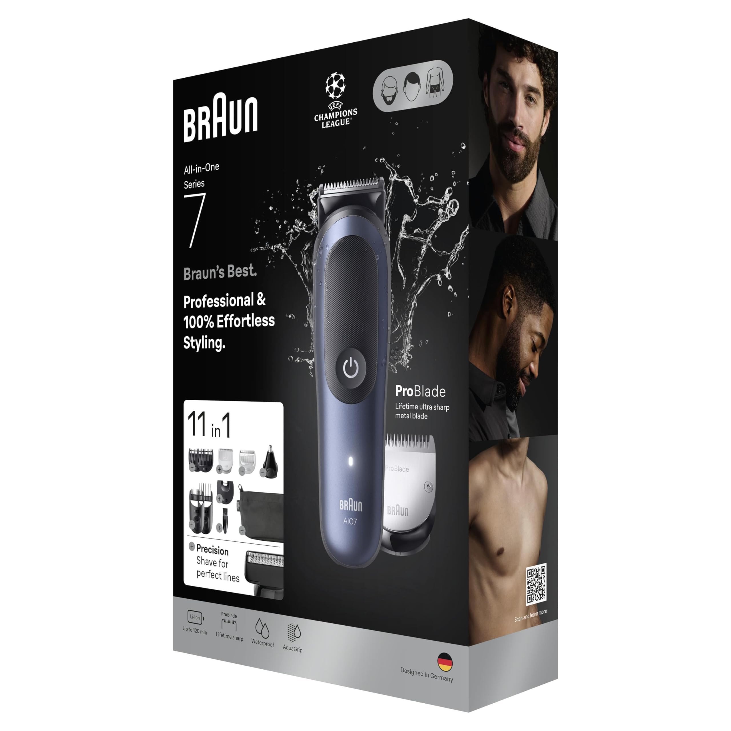 Braun Serie 7 Kit multifuncional para el cuidado corporal, 11 en 1, ProBlade y AutoSense, 120 min, SkinGuard y Sombra de Barba, AquaGrip para Uso Submarino, AIO7540, Azul