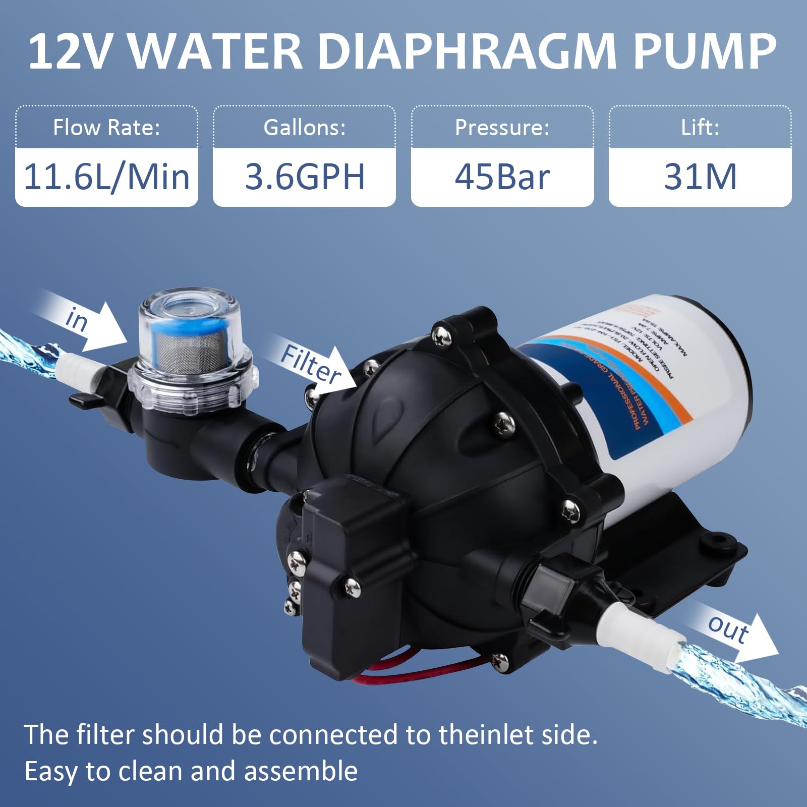 Wasserpumpe 12V DC Membranpumpe 3,1 Bar (45 PSI) Selbstansaugend Druckpumpe mit Druckschalter, 11,6 L/min 3.06 GPM Druckwasserpumpe, RV Wasserpumpe für Wohnwagen, Yacht, Camper, Garten