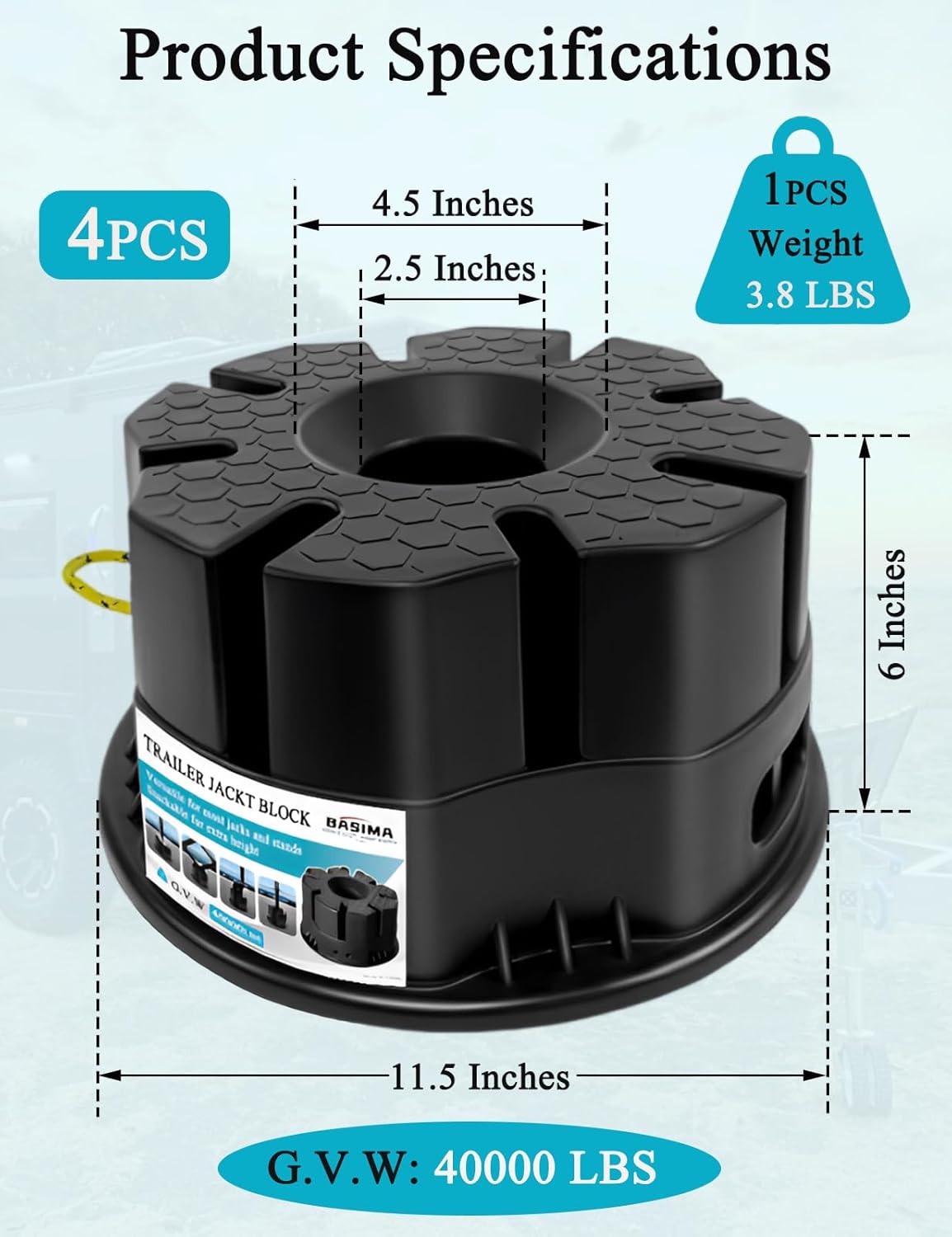 Trailer Jack Blocks Set of 4 – Basima RV Leveling Blocks, Heavy-Duty Universal-Fit Stackable 6" RV Stabilizer Blocks for 5th Wheel, Camper, Travel Trailer, and Tongue Jacks with Carrying Bag, Black