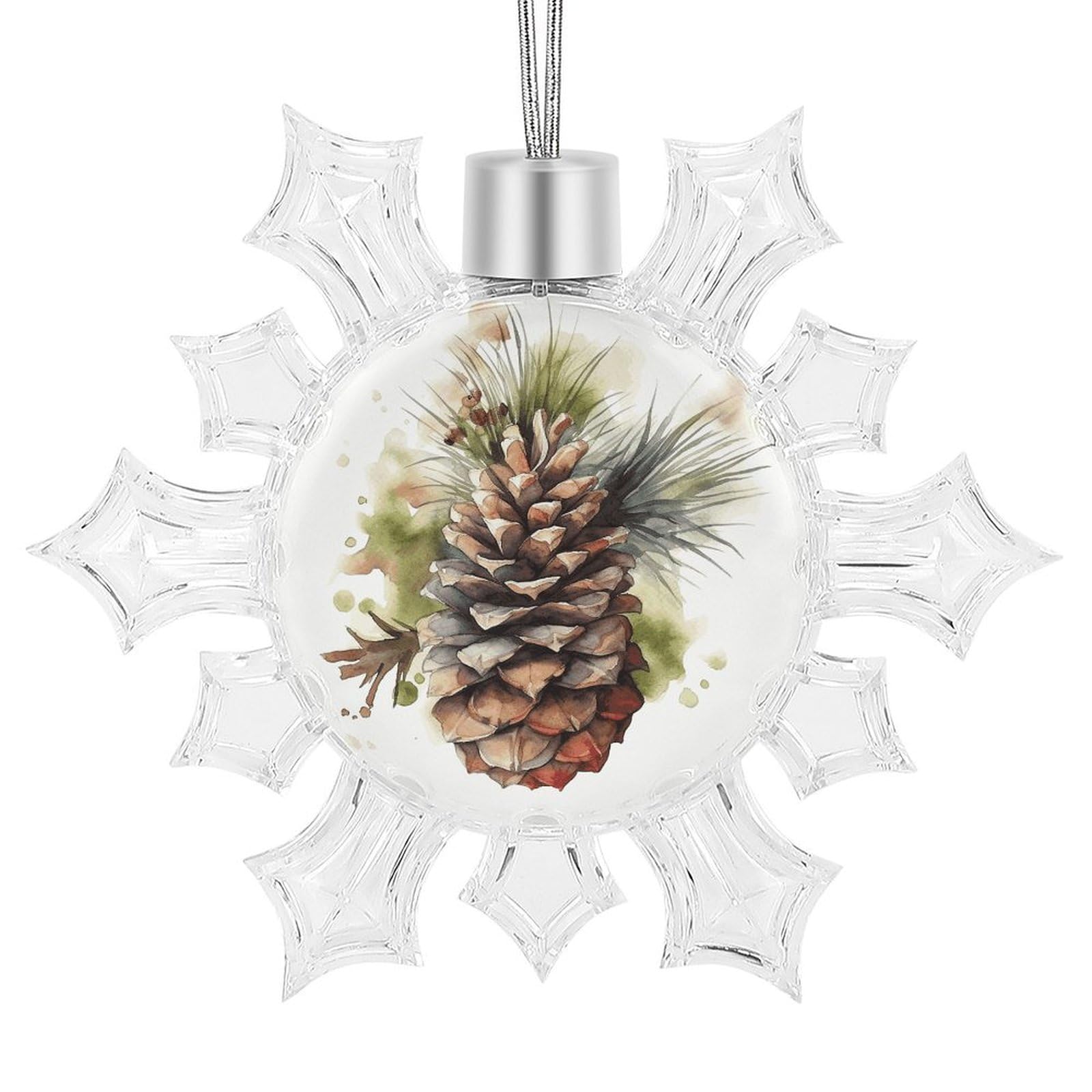 Pendentif flocon de neige imprimé pomme de pin aquarelle Noël 2024 en plastique et aluminium 10cm
