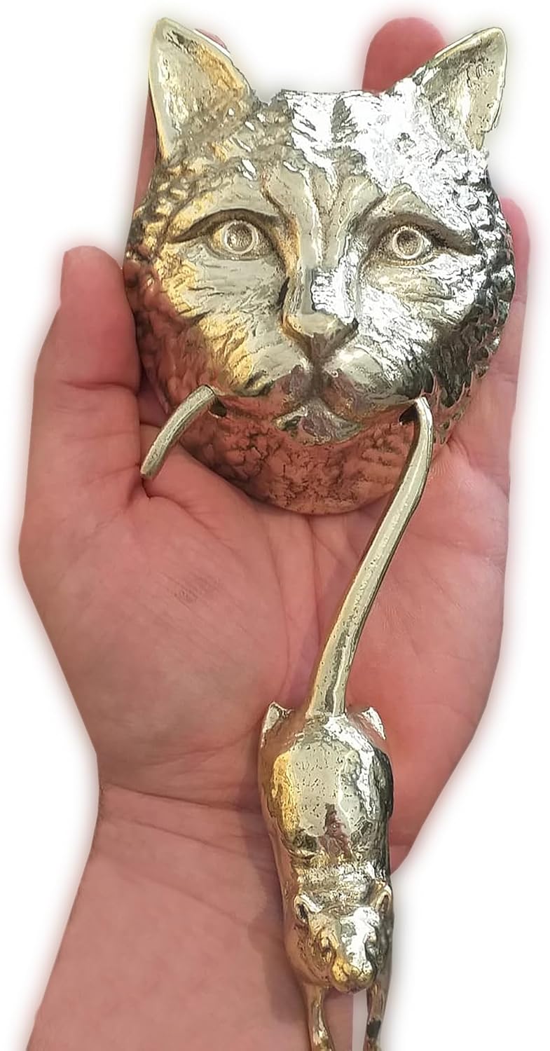 Cat and Mouse Door Knocker, Solid Brass, 8.7 inches, Front Door Ornament (Antique Bronze)