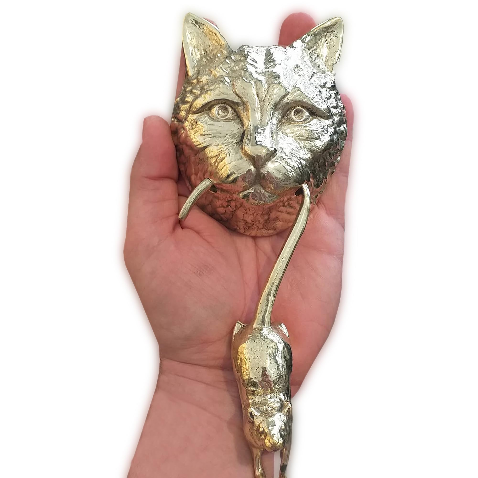 Anatolica Polished Brass Cat And Mouse Door Knocker, Solid Brass, 8.7 Inches, Front Door Ornament (Polished Brass)