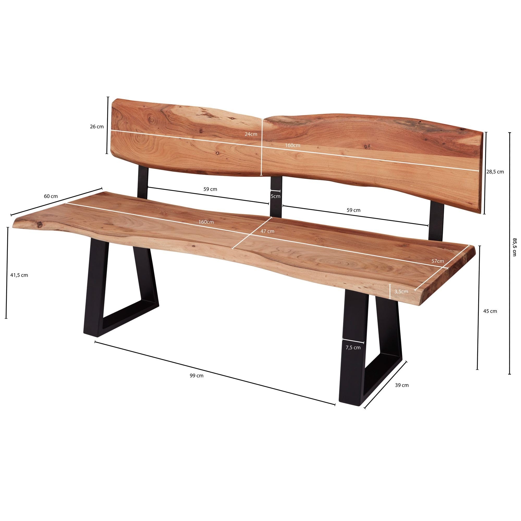 FineBuy Esszimmerbank 160x85,5x60 cm Akazie Massivholz Bank mit Baumkante, Sitzbank Holzbank mit Lehne, Küchenbank Essbank Holz Landhausstil, Baumstamm Küchensitzbank 3 Sitzer Massiv Braun