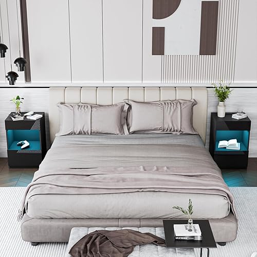 Miniatura 7 de HOMMPA Mesita de noche LED con estante abierto con estación de carga, 2 cajones, mesita de noche negra con almacenamiento, mesitas de noche