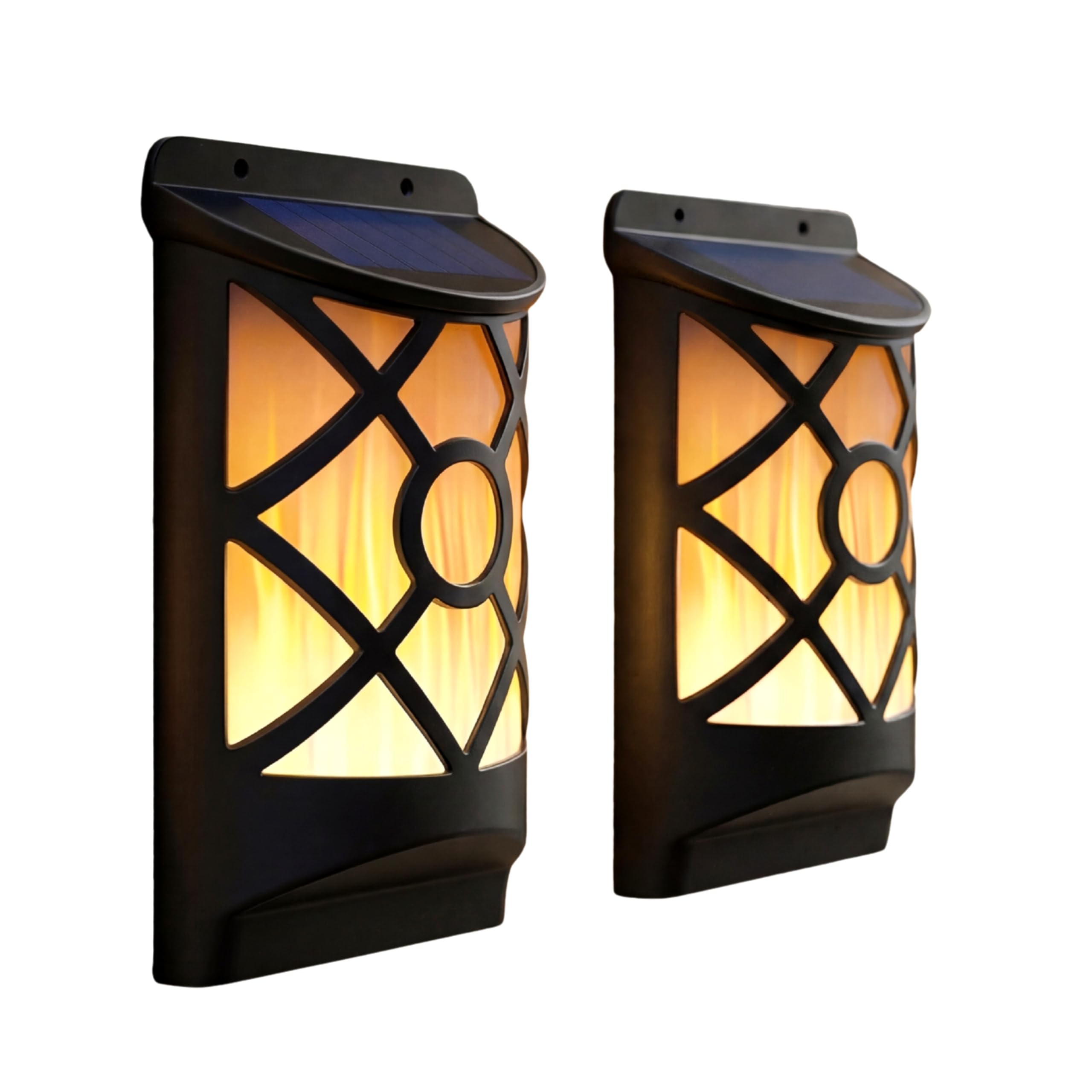 GEEZY Flame Effect Solar Wall Lights, Set of 2 - Wall Mounted LED Torch Lamp with Flickering Flame - Water & Weatherproof Auto Dusk to Dawn Outdoor Lighting for Garden, Fence, Patio & Alley