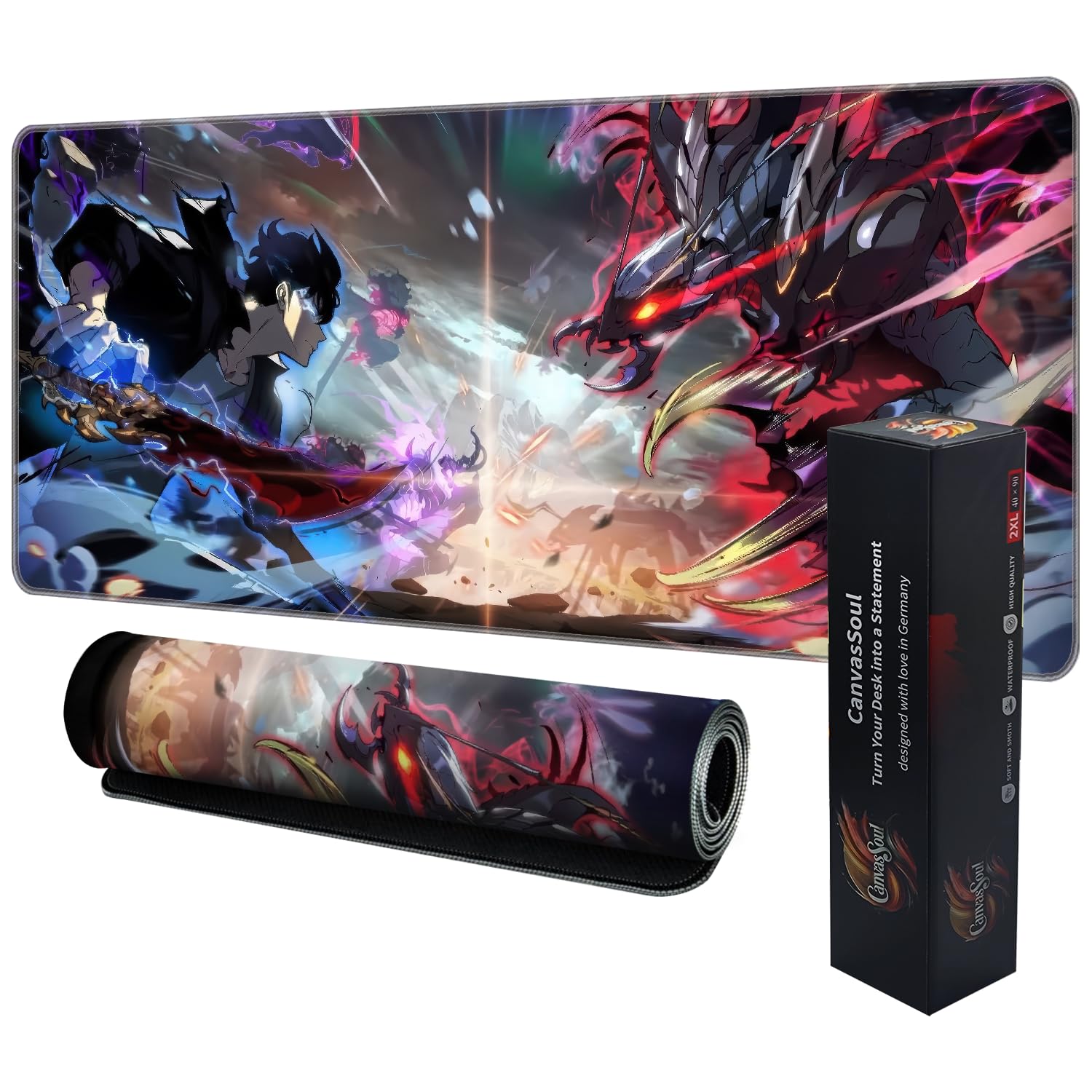 CanvasSoul Tapis de souris de jeu XXL – Rembourrage premium de 3 mm pour un jeu précis, surface antidérapante, bords cousus – élégant et durable pour votre configuration (Solo Leveling, 800 x 300 x 3