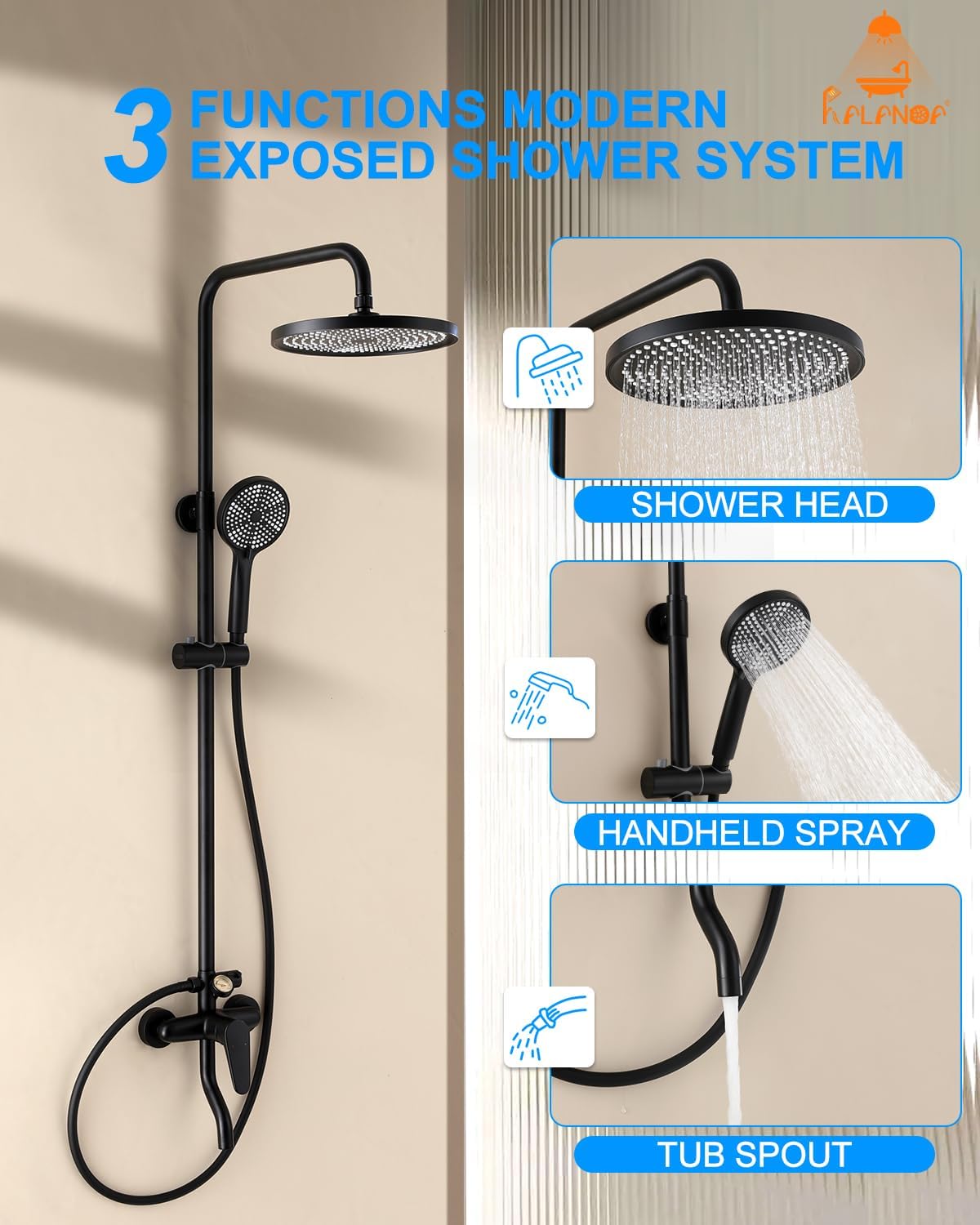 Outdoor Shower Fixture,3 Functions Handle Tub Rainfall Shower Faucet Sets with Dial Thermometer Brass Valve, Exposed Shower System with 10'' Rainfall Shower Head Adjustable (Matte Black) - Image 3
