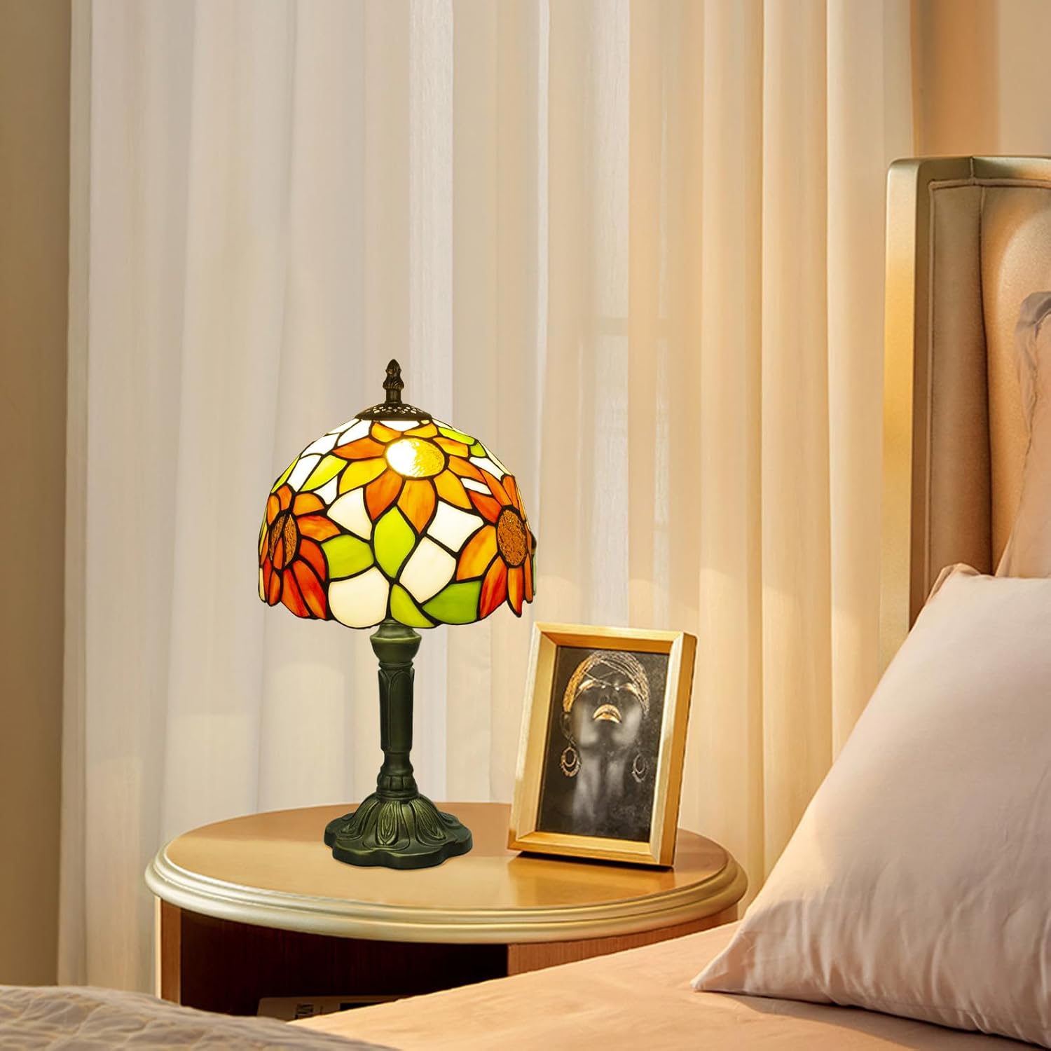 Crefotu Tiffany Style Table Lamp, 3 Color Temperatures Bedside Lamp, 8 Inch Stained Glass Desk Light for Home Office Bedroom Living Room (Sunflower Pattern)