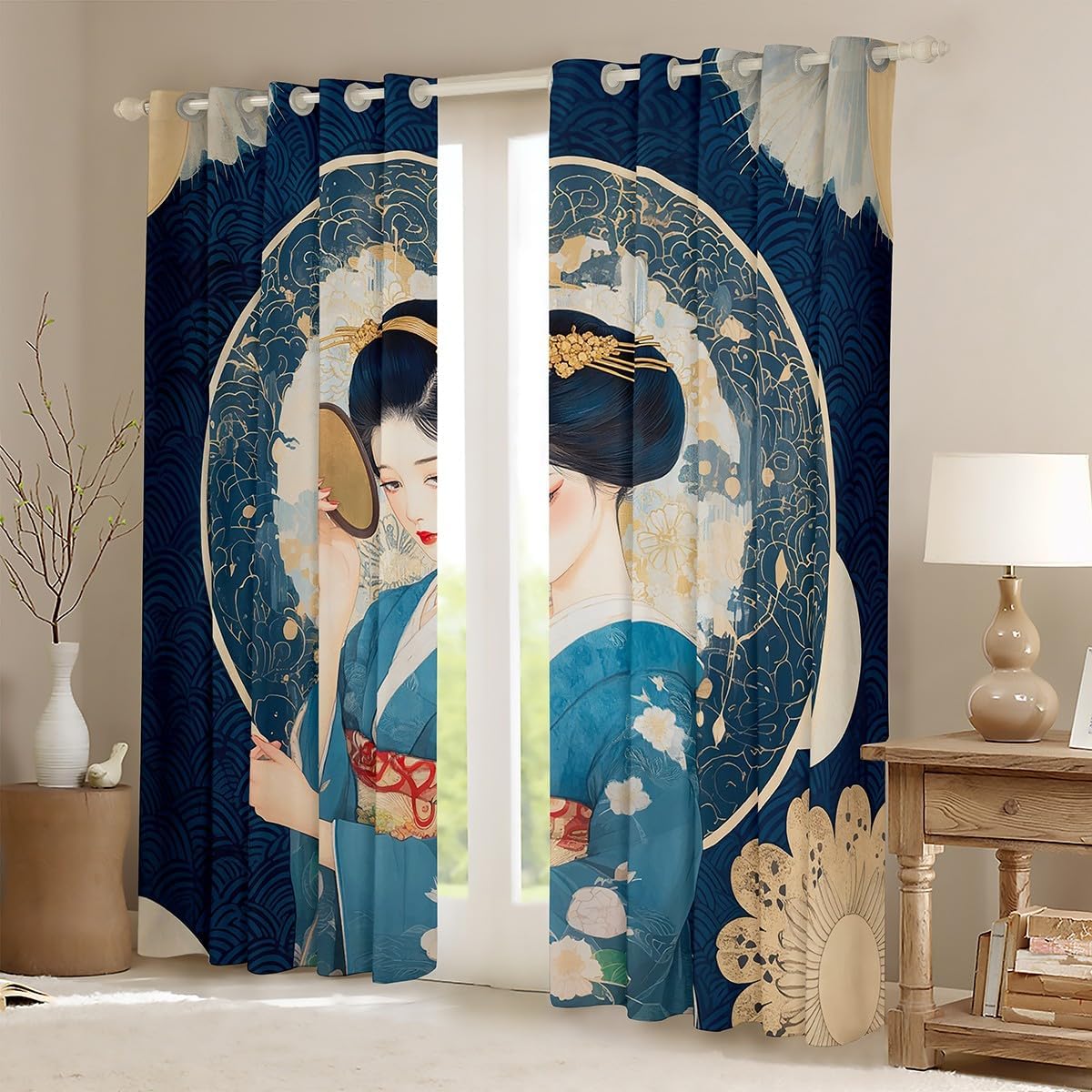 jejeloiu Japan Geisha Curtain (2 Panels, 52 x 63 Inch) Kids Traditional Architecture Window Drapes for Boys Girls Teens Japanese Style Blackout Shades Room Decor