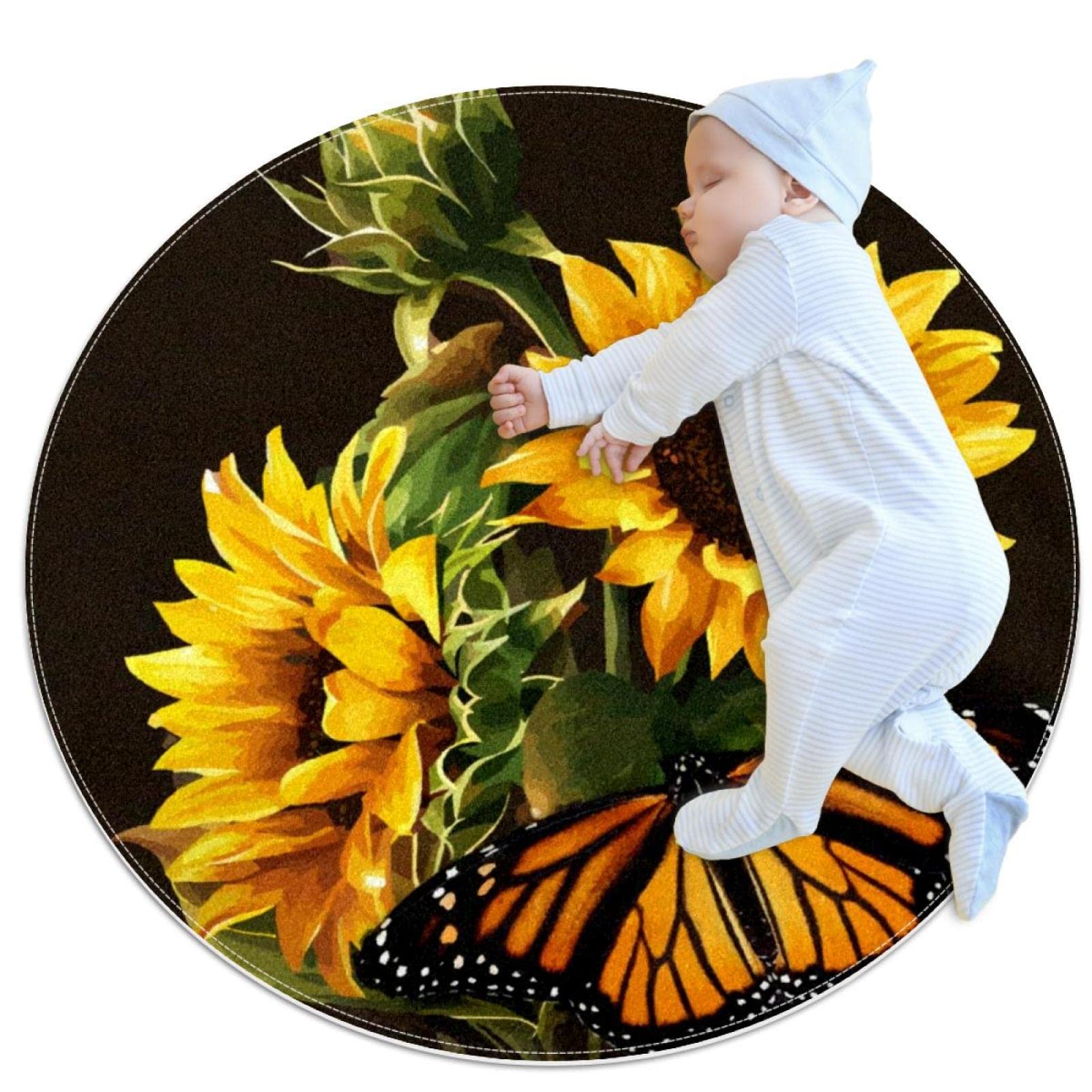Tapis rond tournesols JDEZ pour créer un coin lecture au salon