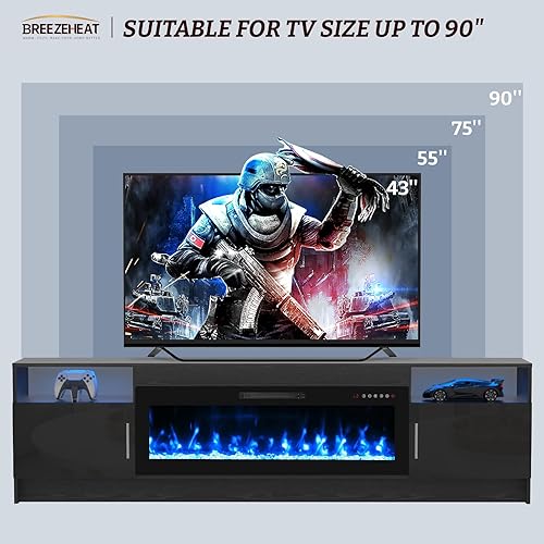 Miniatura 10 de BREEZEHEAT Soporte de TV eléctrico con chimenea de 36 pulgadas de hasta 80 pulgadas, centro de entretenimiento LED con puertas de alto brillo,