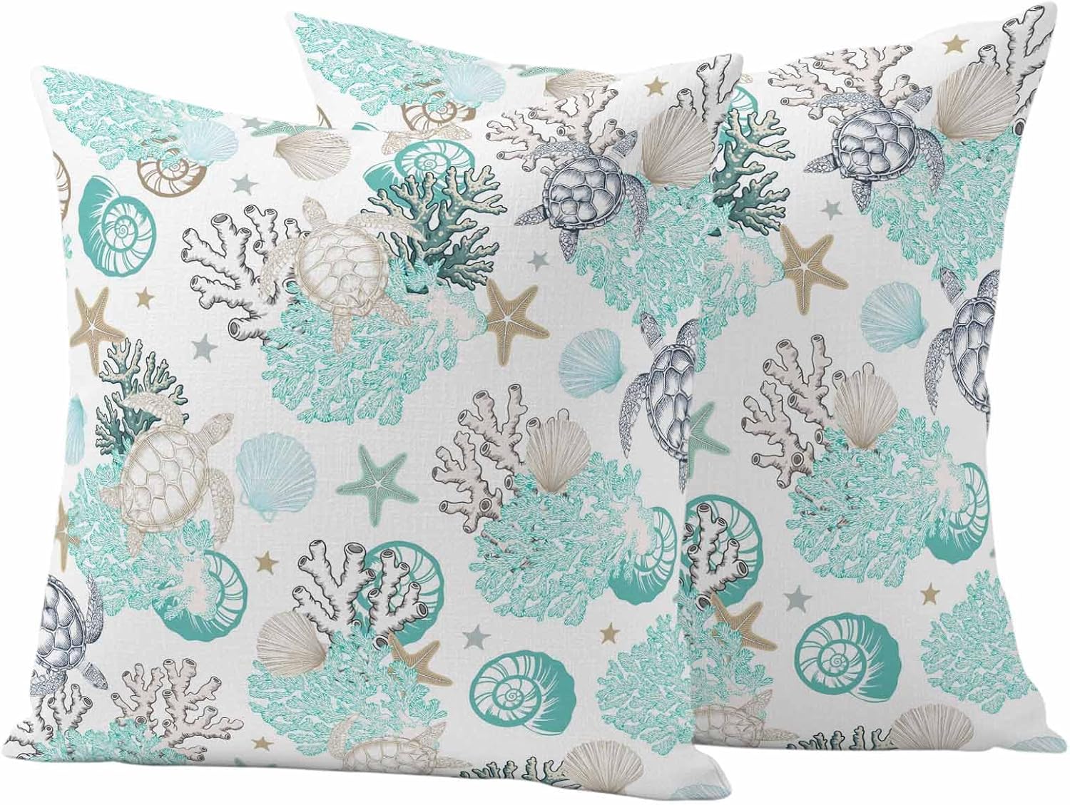 Summer Coastal Outdoor Pillow Covers Set of 2, Ocean Sea Turtle Seaweed Decorative Waterproof Throw Pillowcase Teal Grey Abstract Art Cotton Linen Soft Cozy Cushion Cover Pillowsham 20x20In