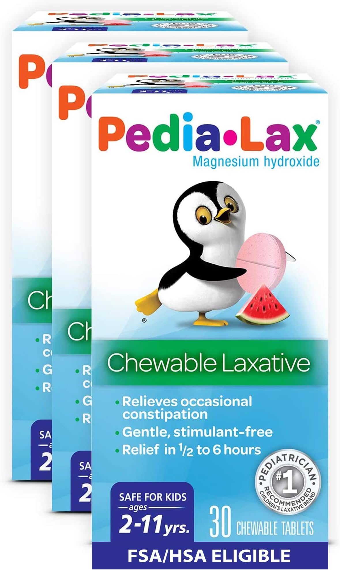 Pedia-Lax Laxative Chewable Tablets for Kids, Ages 2-11, Watermelon Flavor, 30 Count, Pack of 3