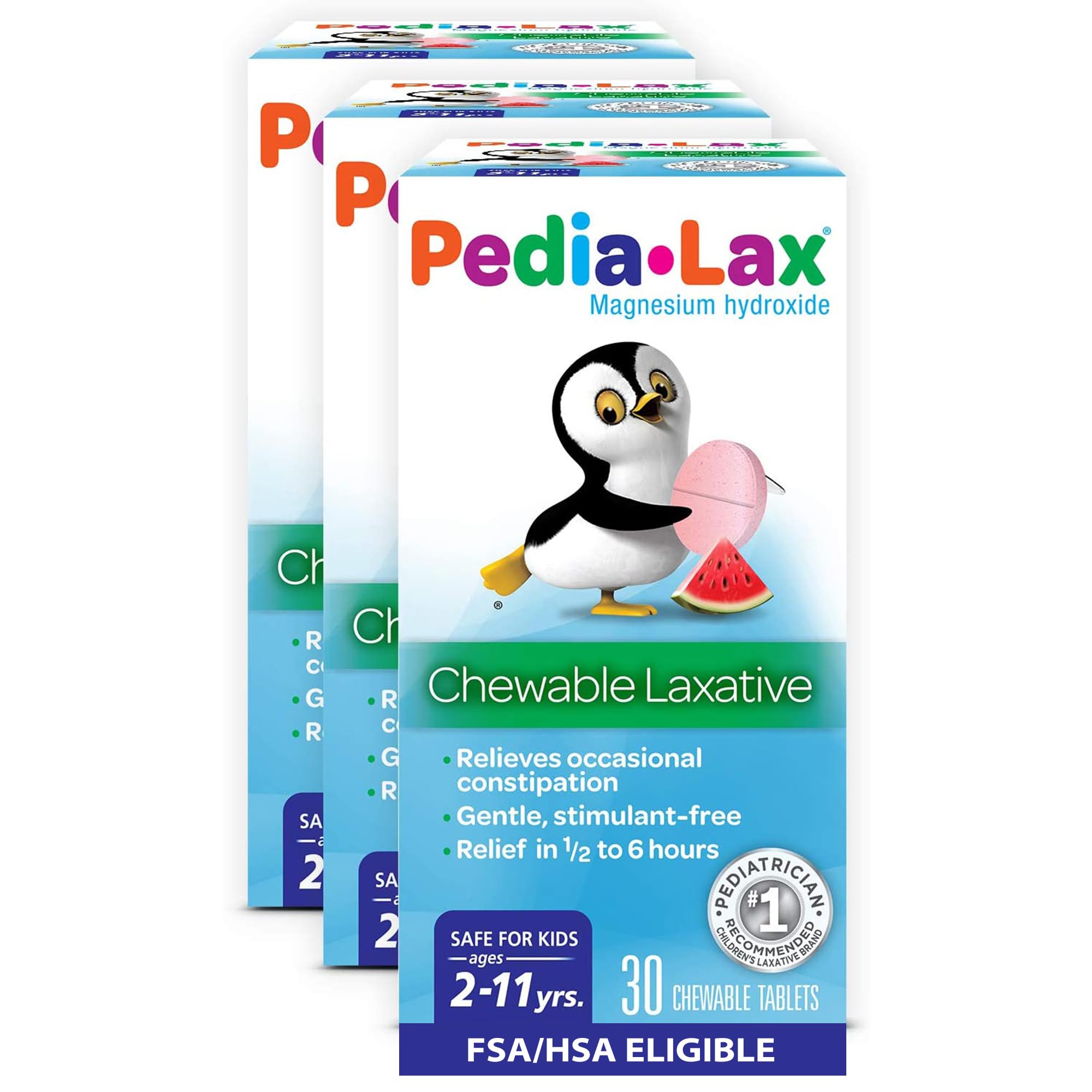 Pedia-Lax Children’s Chewable Laxatives for Constipation, Gently Relieves Occasional Constipation for Kids Ages 2-11, Watermelon Flavor, 30 Count, Pack of 3