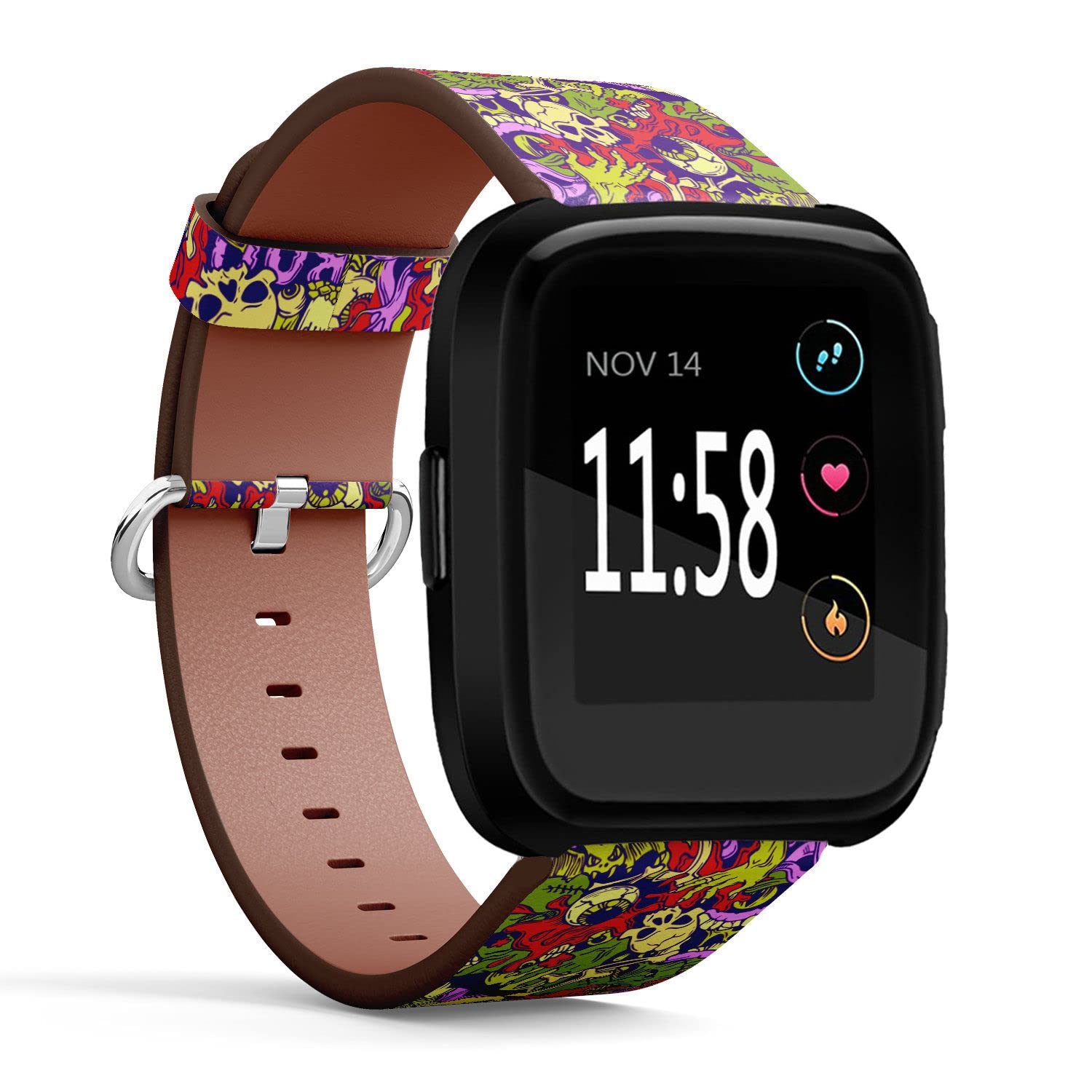 Compatible with Fitbit Versa 2 / Versa / Versa Lite / Versa SE Patterned Leather Replacement Band (Halloween pattern with horror skull and eyeball elements)