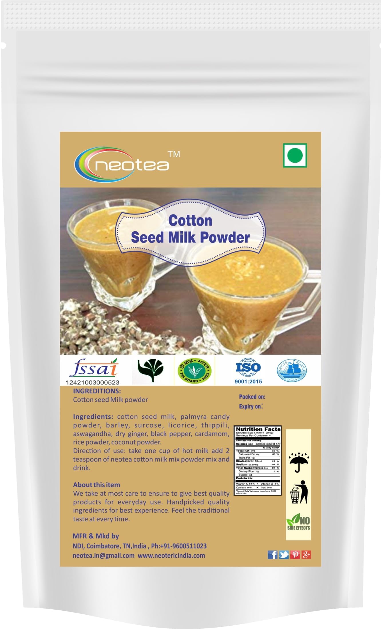 Cotton Seed Milk Powder 250GM (8.81 OZ) | Paruthi Paal | 100% Natural, Pure & Healthy Drink | Plant-Based, Gluten-Free | Rich in Nutrients | Perfect for Daily Consumption
