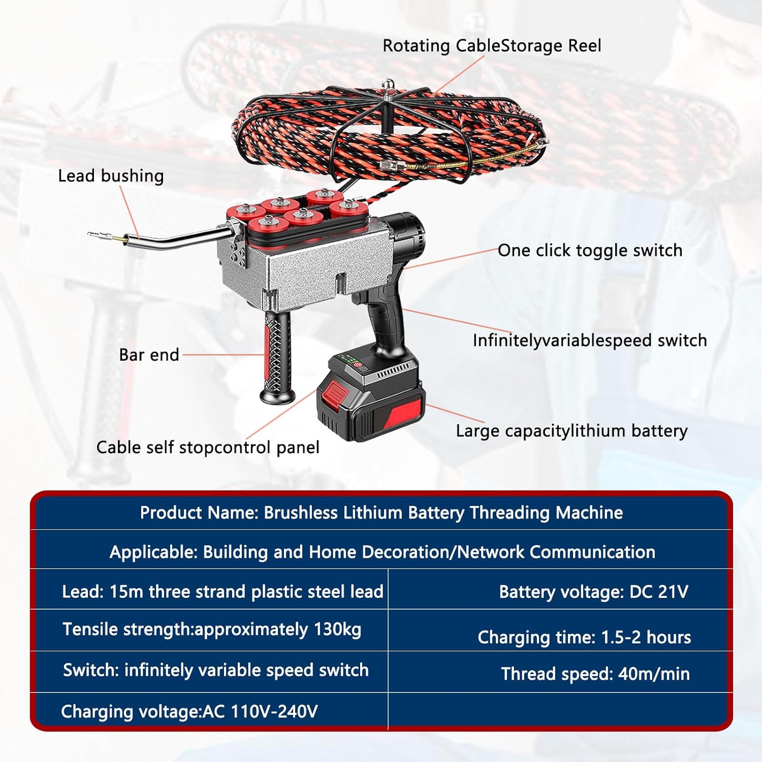 Electrical Wiring Work for Running Wire Through Walls，Cordless Fish Tape Professional Wire Threading Tool, 40m/Min,130 Kg Pulling Force 37500mAh-1Battery