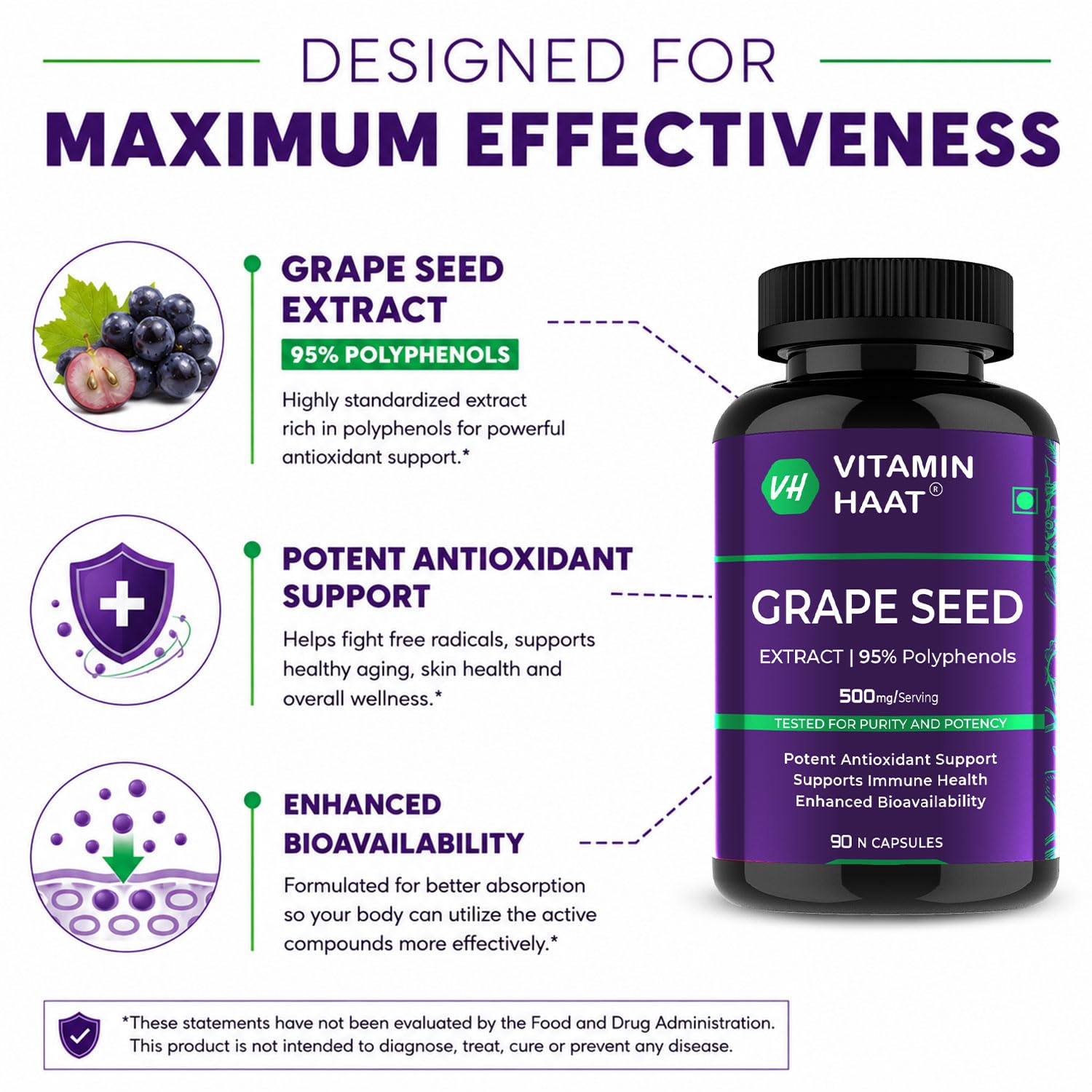 Grape Seed Extract 500 mg | 95% Polyphenols | Powerful Antioxidant Supplement for Skin Glow, Immunity & Heart Health | Supports Healthy Circulation | 90 Capsules by VitaminHaat — Amazon image 5