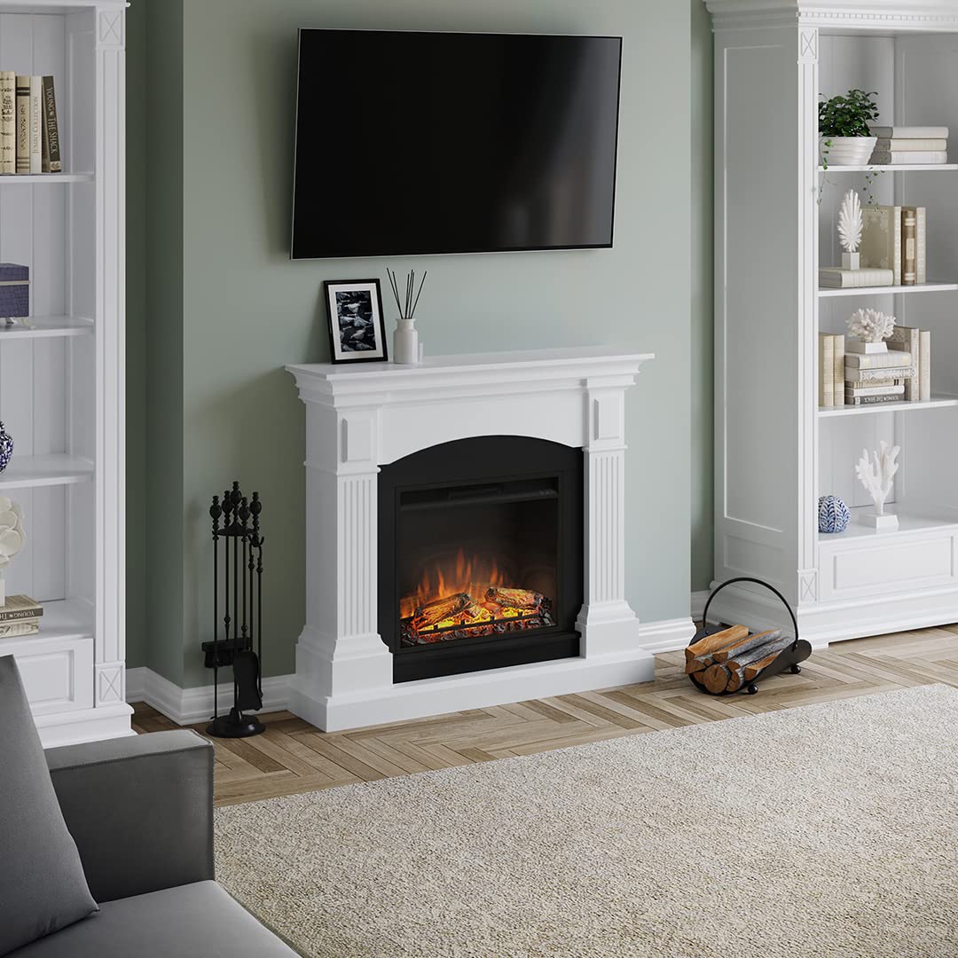 TAGU Magna Camino elettrico con PowerFlame, riscaldamento e termostato, timer 7 giorni, effetto fiamma LED, telecomando (Bianco puro)