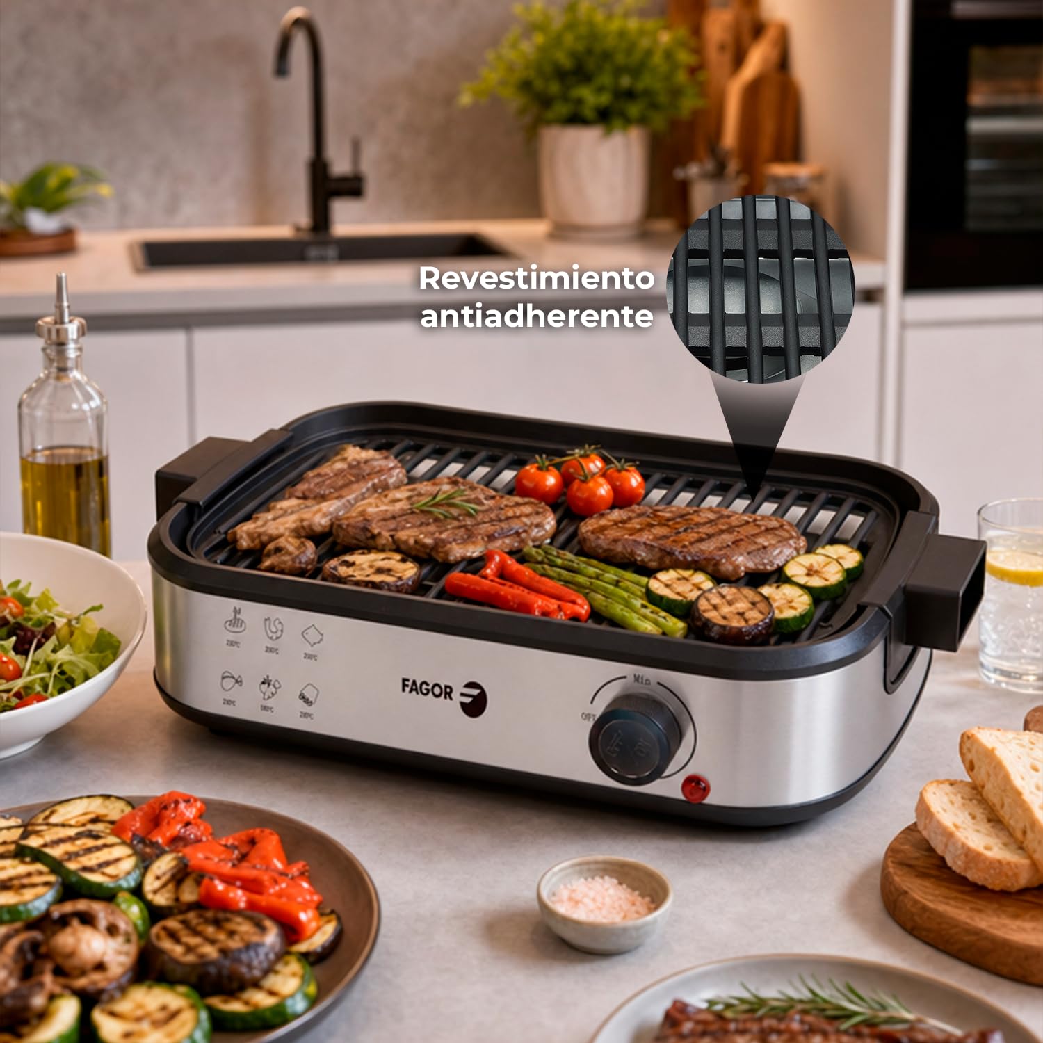 FAGOR SmokeLess Plancha de Asar Eléctrica XL 2000 W con Extractor de Humos