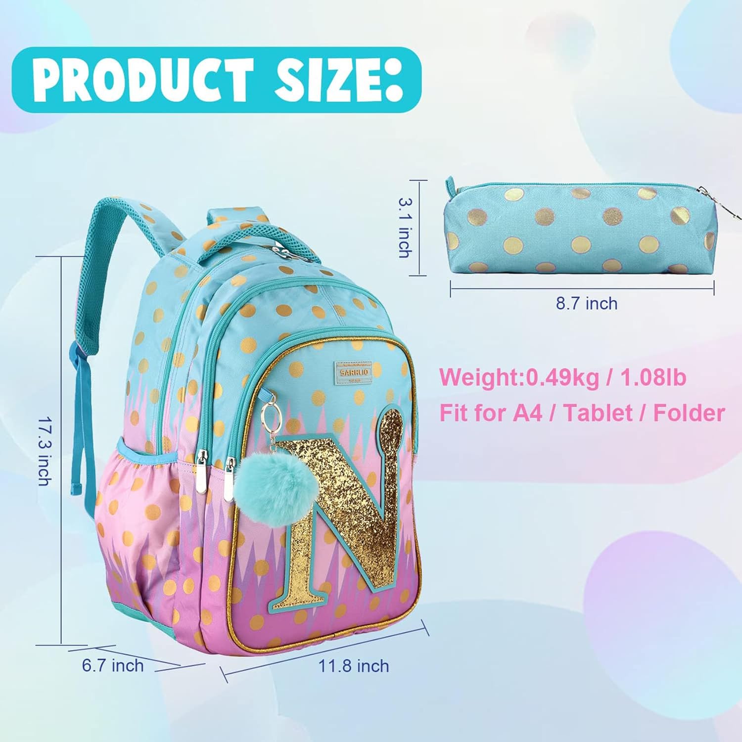 Kids Backpack with Pencil Case, Glitter Galaxy Elementary School Girls School Bag Large 16 Inch Bookbag with Letter N Sparkling Sequin Tower Design