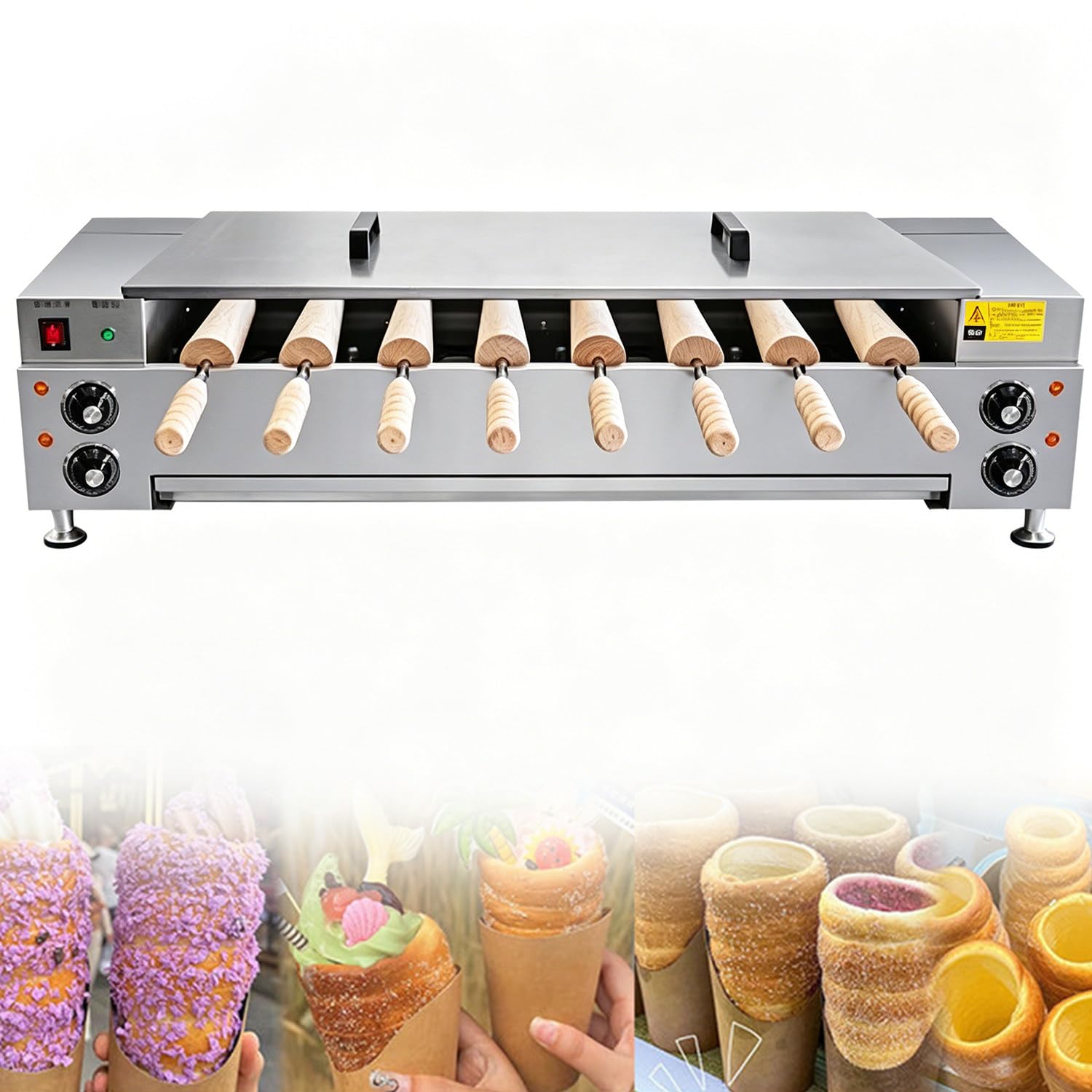 Qiang Commercial Chimney Cake Oven Maker, Ice Cream Cone Grill, 4/8 Pcs Roller Set, Toast Waffle Function, Perfect for Snack Bar & Home Kitchen 8pcs