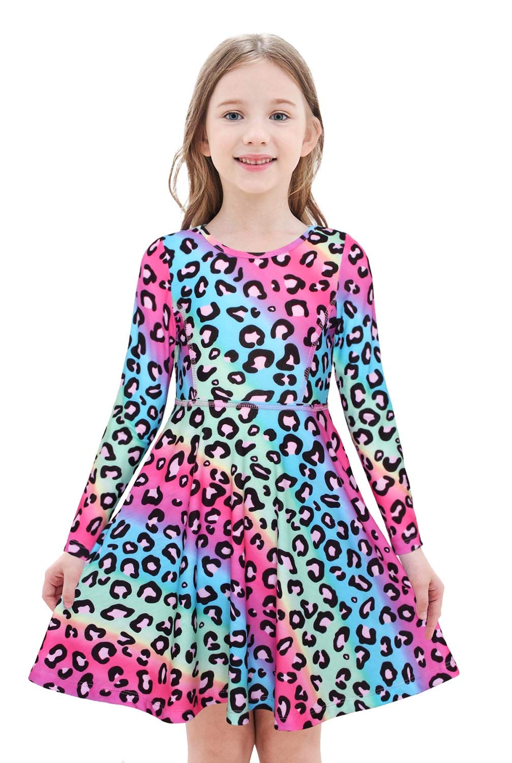 JESKIDSLittle Girls Long Sleeve Dress Tie Dye/Unicorn/Flamingo Dress Twirl Swing Party Dresses with Pockets