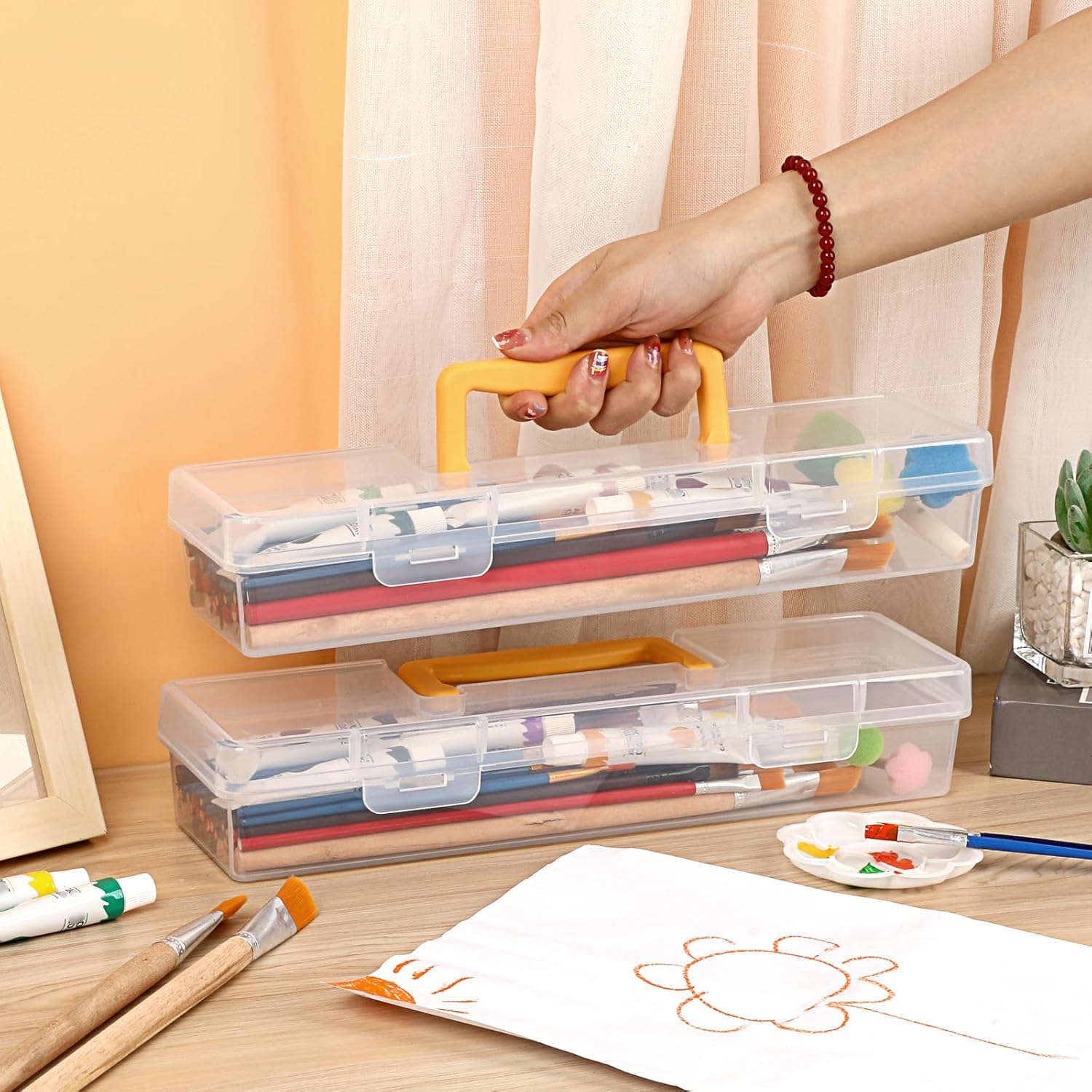 BTSKY 1 Pack Clear Plastic Painting Brush Container with Yellow Handle, Portable Long Paintbrush Case, Drawing Tools Storage Box, Practical Art Supply Organizer for Artist Crafters, 13.1"x3.7"x2.4" - Image 4